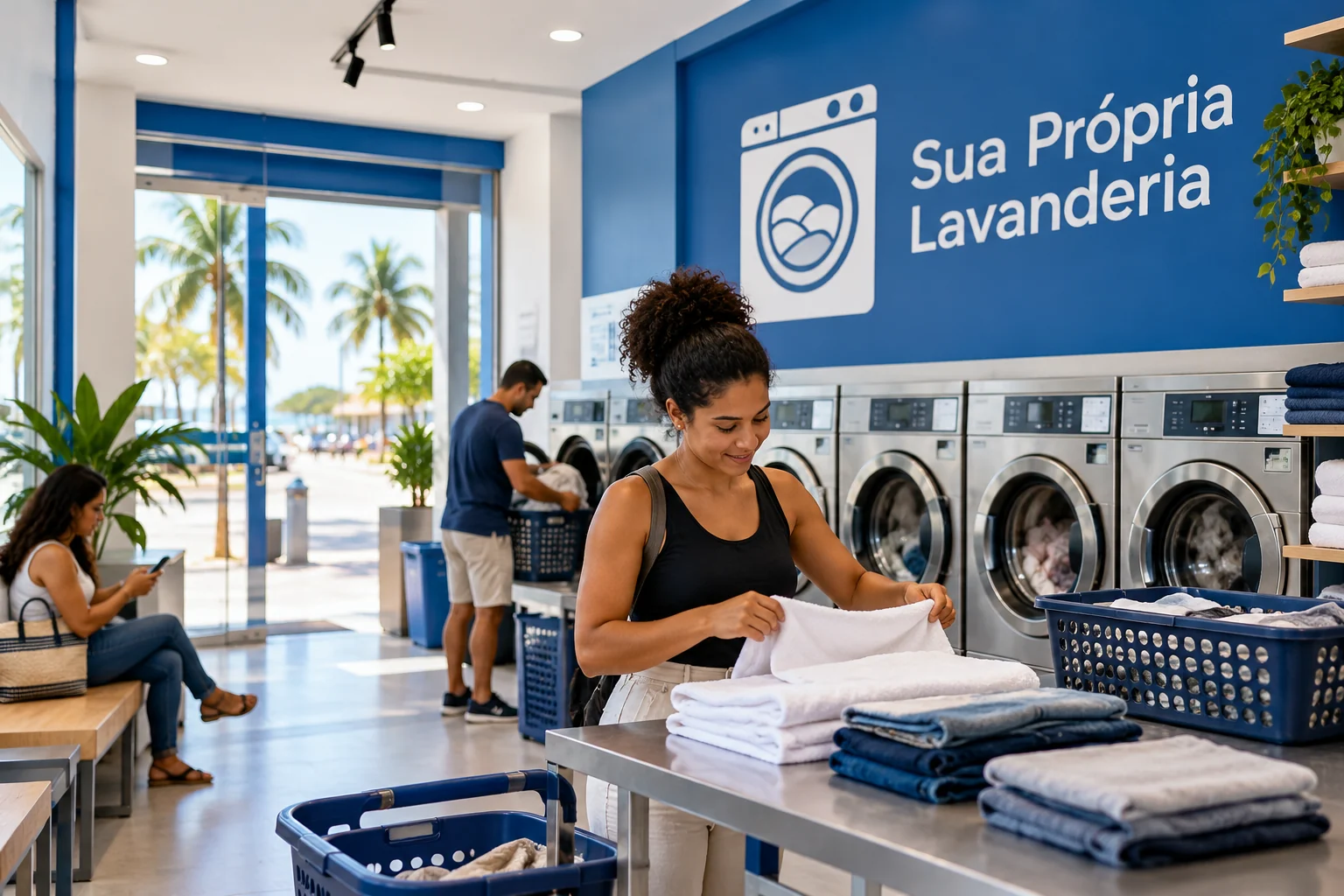 Ilustração por IA: Clientes dobram roupas, utilizam máquinas e aguardam em lavanderia azul e branca com logo Sua Própria Lavanderia.
