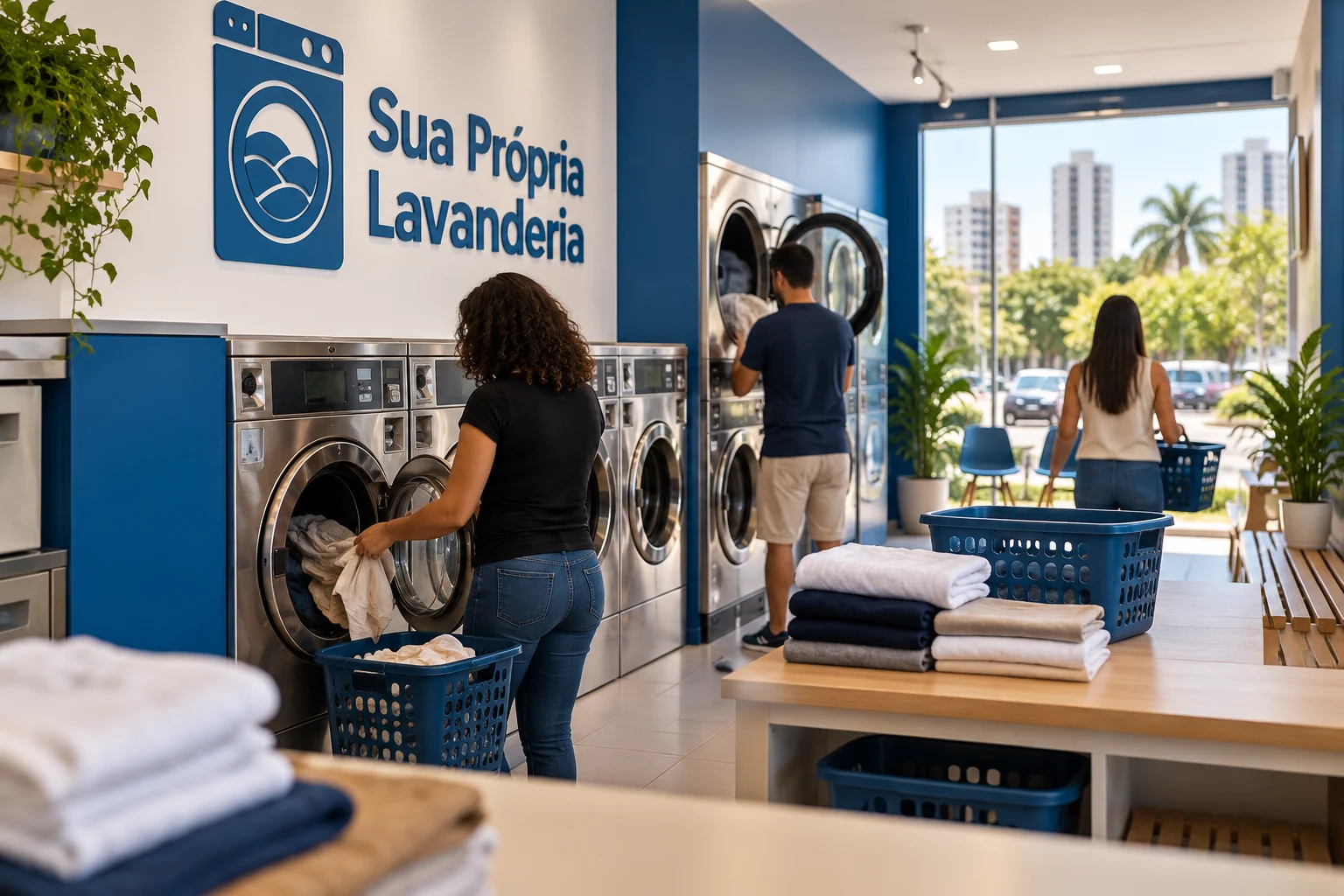 Ilustração por IA: Clientes colocam roupas nas máquinas de uma lavanderia pronta, com bancada de apoio e logo Sua Própria Lavanderia.