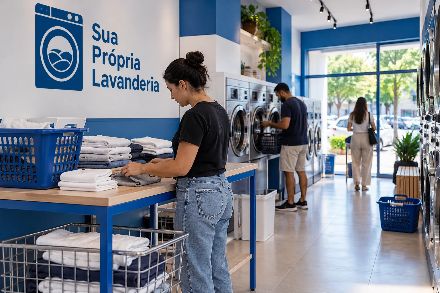 Ilustração por IA: Cliente dobra roupas em bancada de lavanderia azul e branca, com outras pessoas junto às máquinas e logo SPL na parede.