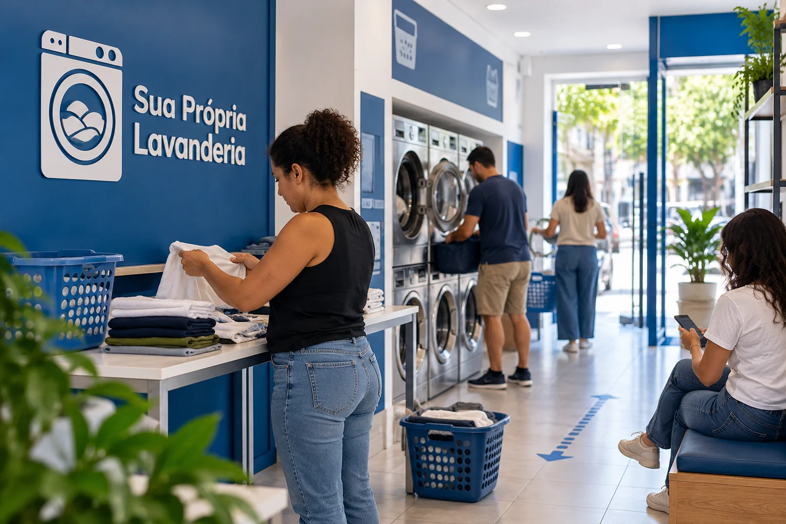 Ilustração por IA: Clientes dobram roupas, usam máquinas e aguardam sentados em lavanderia com logo Sua Própria Lavanderia.