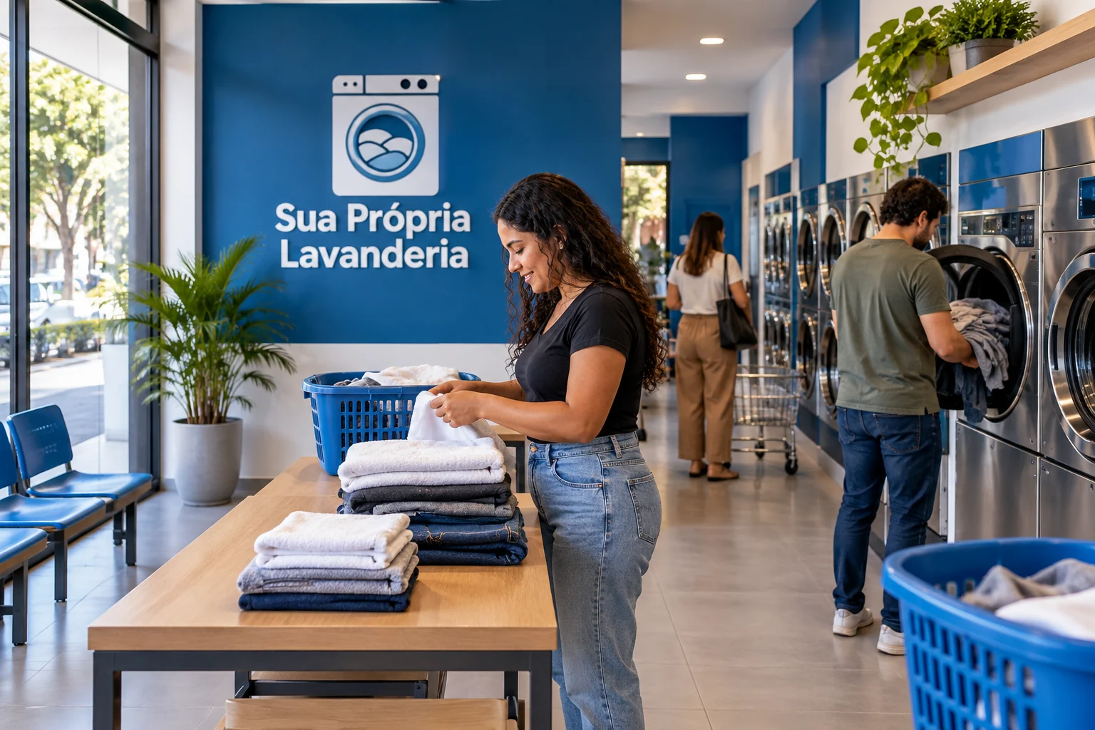 Ilustração por IA: Cliente dobra roupas em bancada enquanto outra pessoa utiliza uma máquina; lavanderia azul e branca com logo SPL.