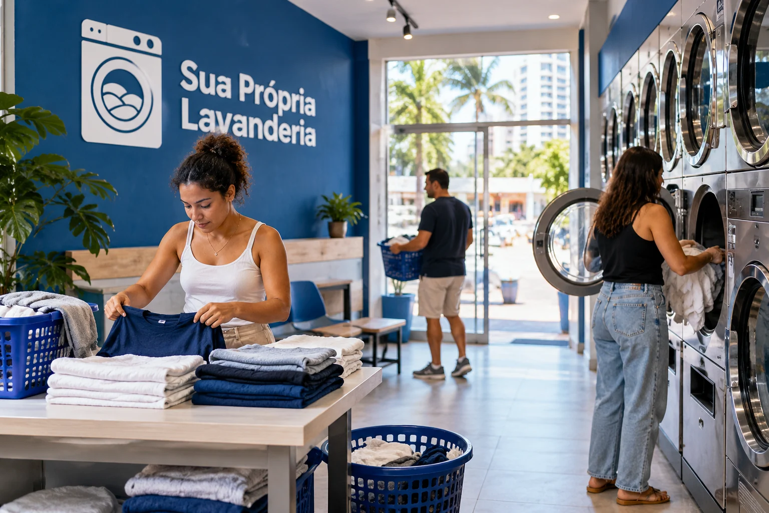 Ilustração por IA: Clientes dobram roupas e utilizam máquinas em lavanderia azul e branca, com logo Sua Própria Lavanderia na parede.