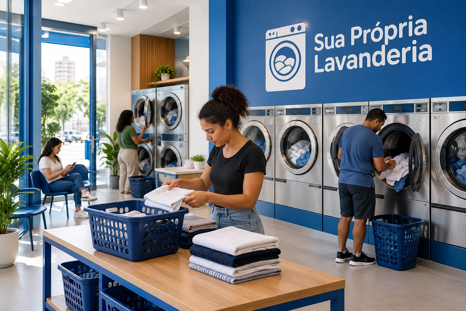 Ilustração gerada por IA: clientes usando máquinas e dobrando roupas em lavanderia azul e branca, com a marca Sua Própria Lavanderia na parede.