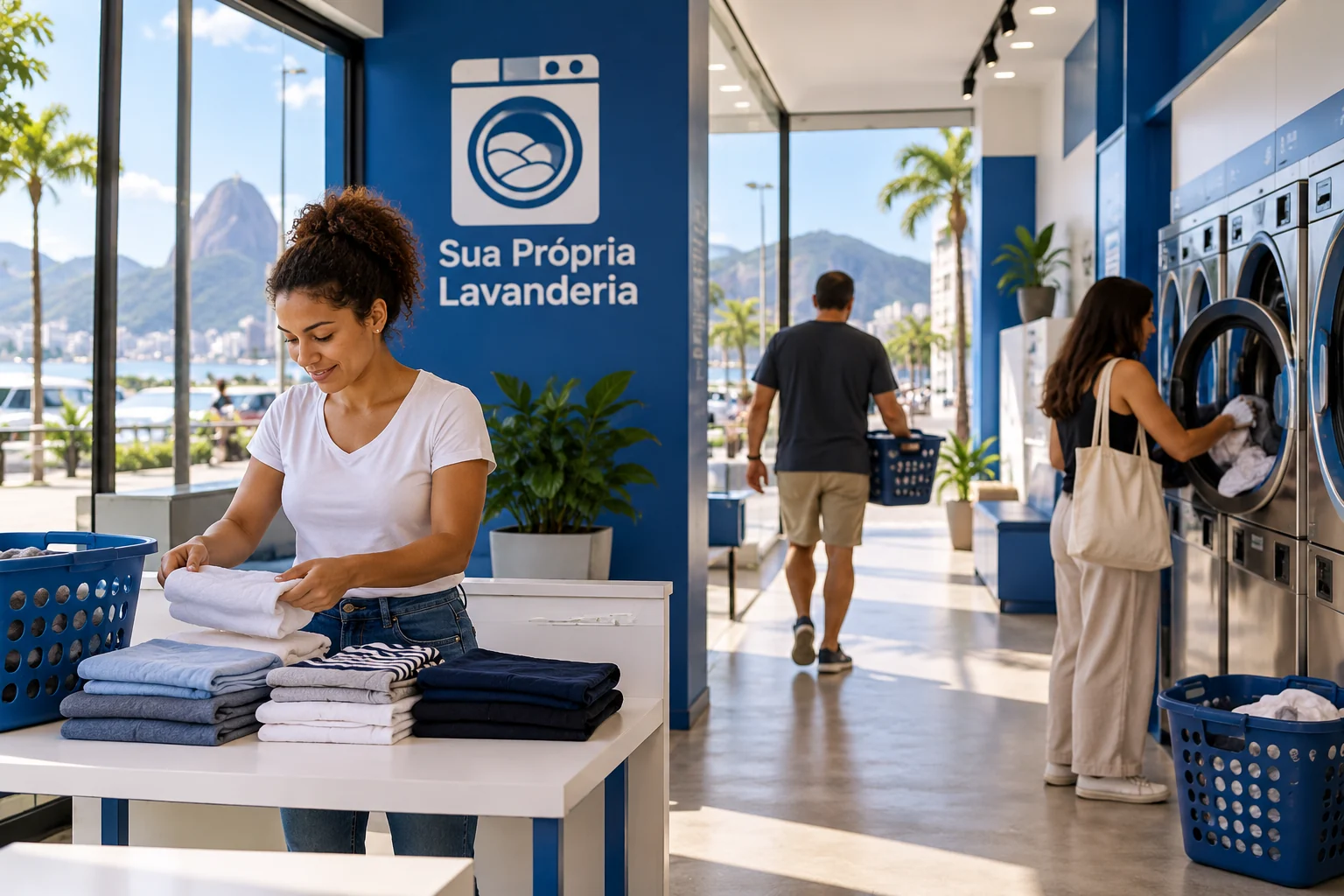 Ilustração gerada por IA: lavanderia azul e branca com clientes, marca Sua Própria Lavanderia e paisagem carioca ilustrativa ao fundo.