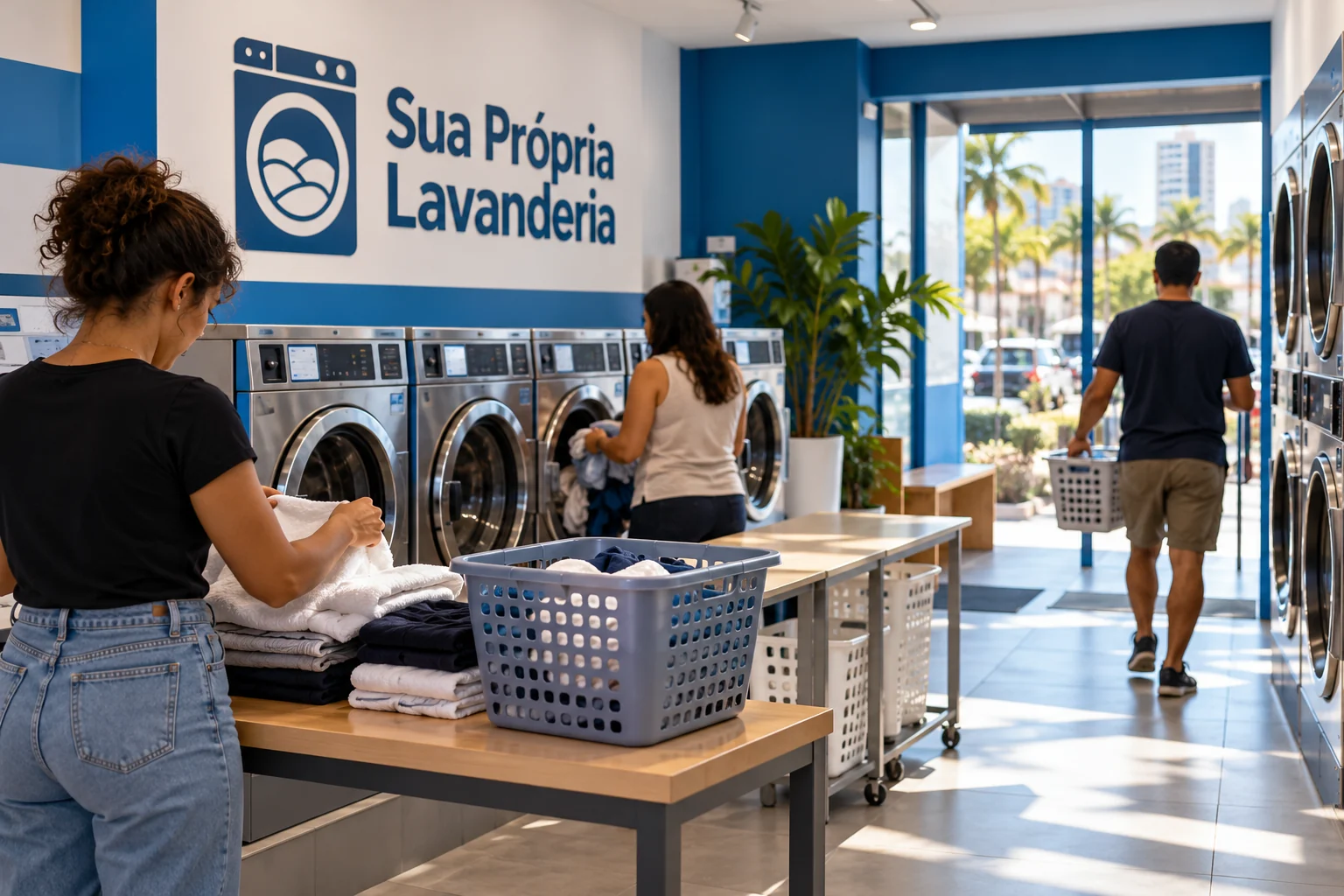Ilustração gerada por IA: clientes dobrando roupas e usando máquinas em lavanderia pronta, com a marca Sua Própria Lavanderia na parede.