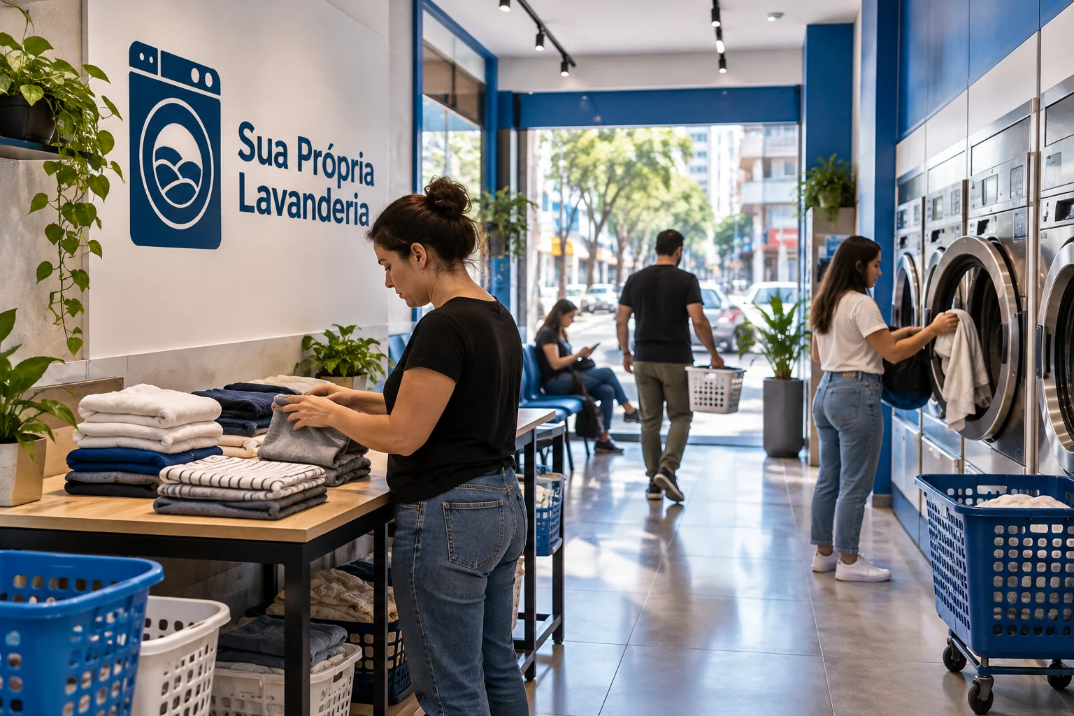 Ilustração gerada por IA: lavanderia azul e branca com clientes, bancada de roupas, máquinas e marca Sua Própria Lavanderia.