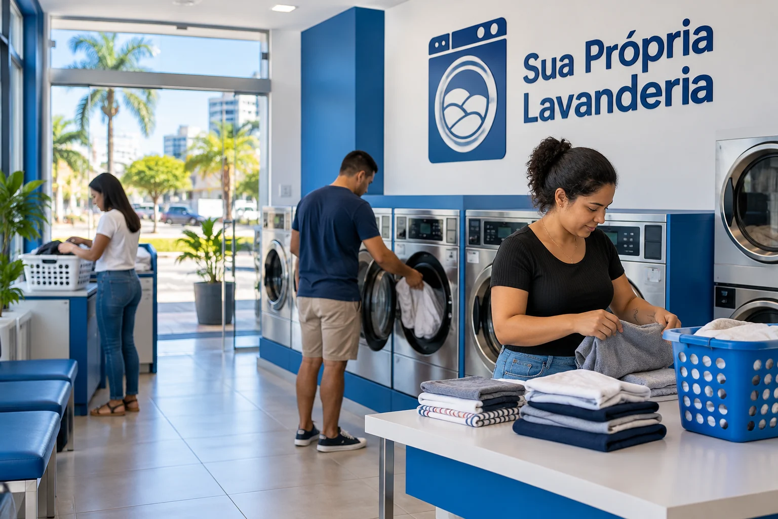 Ilustração gerada por IA: clientes lavando e dobrando roupas em lavanderia pronta, com bancada, cestos e marca Sua Própria Lavanderia.