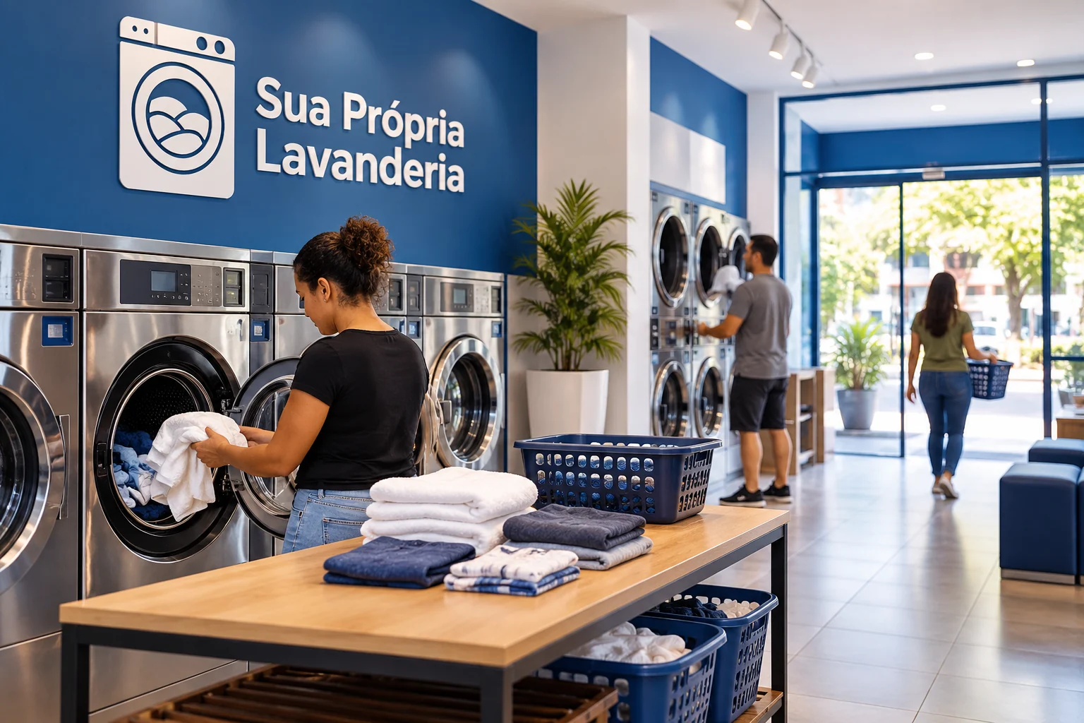 Ilustração gerada por IA: clientes usando máquinas em lavanderia azul e branca, com bancada de roupas e marca Sua Própria Lavanderia.
