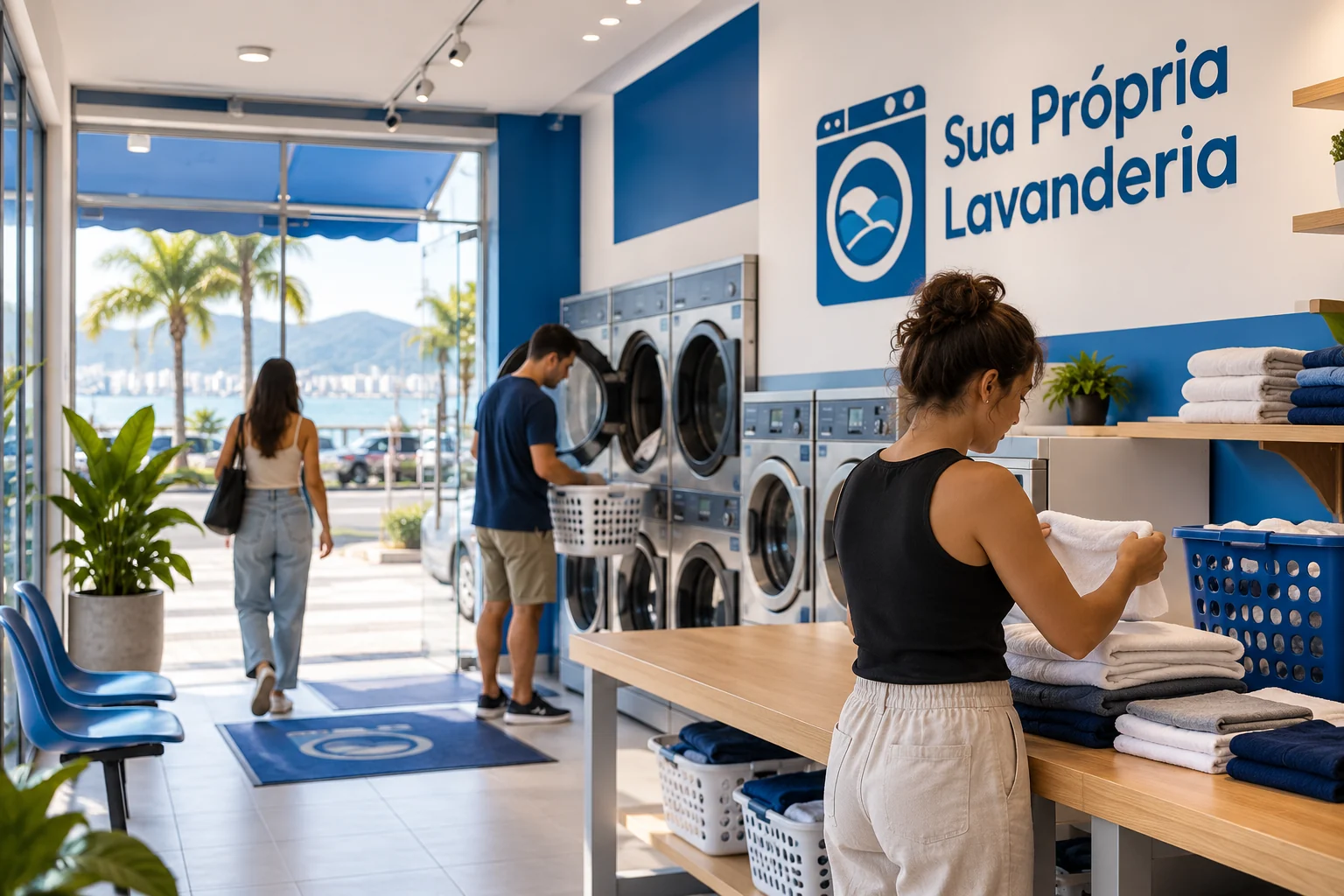Ilustração gerada por IA: clientes em lavanderia azul e branca com bancada de roupas, marca Sua Própria Lavanderia e paisagem litorânea ilustrativa.
