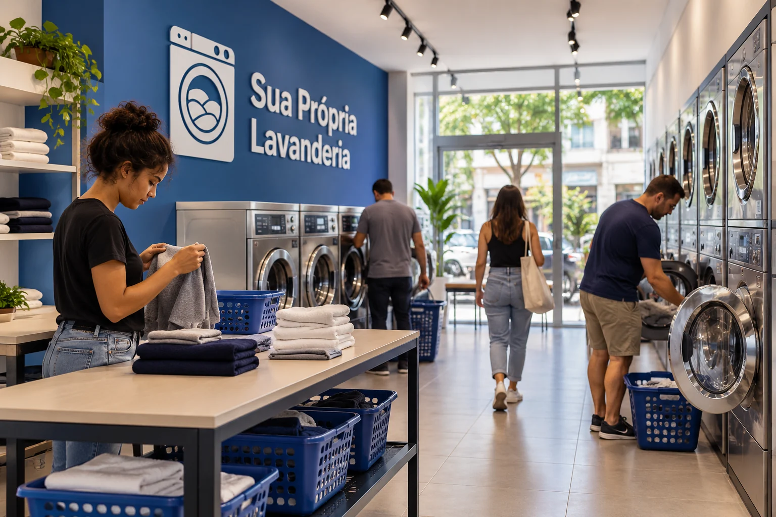 Ilustração de clientes usando máquinas e bancada de dobra em lavanderia azul e branca, com a marca Sua Própria Lavanderia na parede