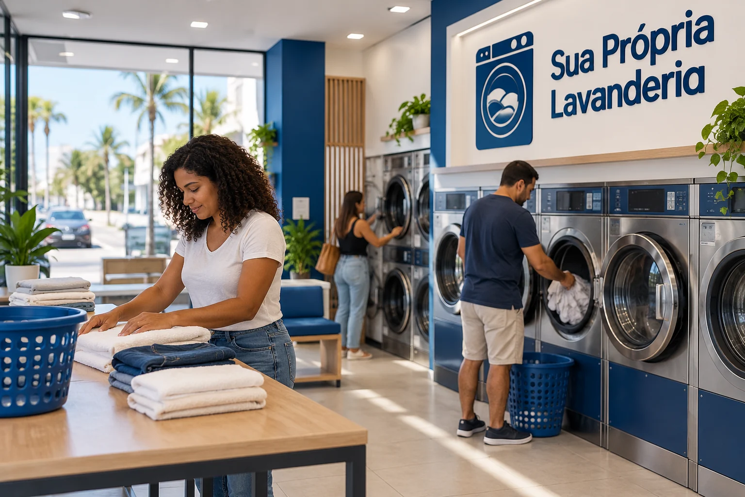 Ilustração de clientes usando máquinas e bancada de dobra em lavanderia azul e branca, com a marca Sua Própria Lavanderia na parede