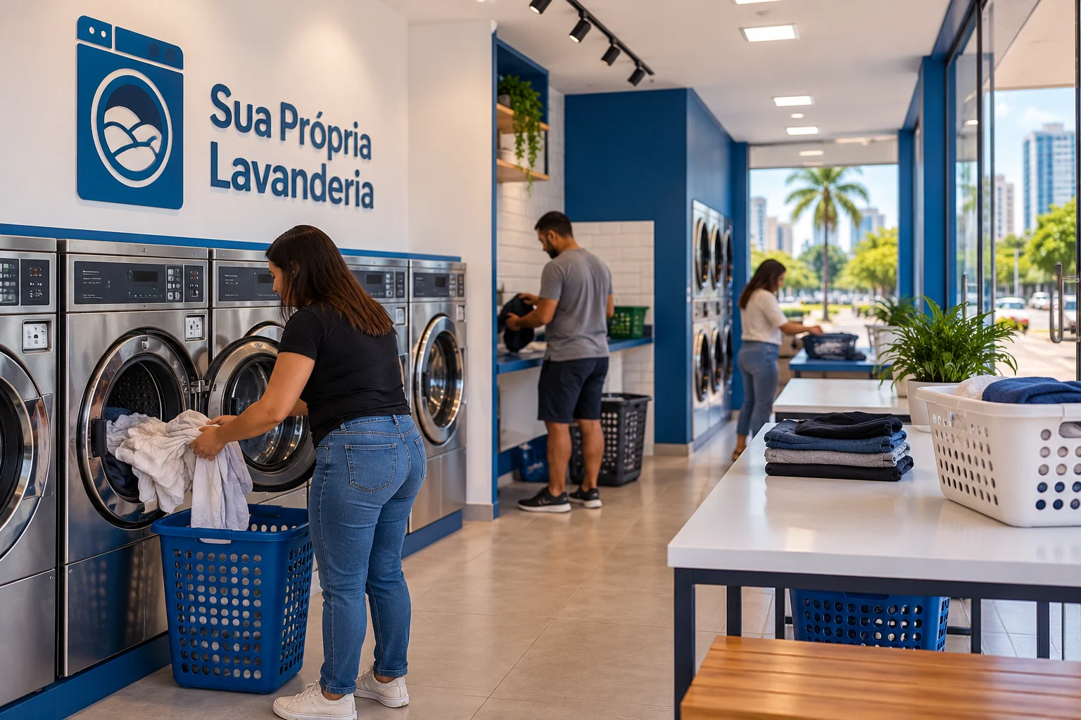 Ilustração de clientes usando máquinas e bancada de dobra em lavanderia azul e branca, com a marca Sua Própria Lavanderia na parede