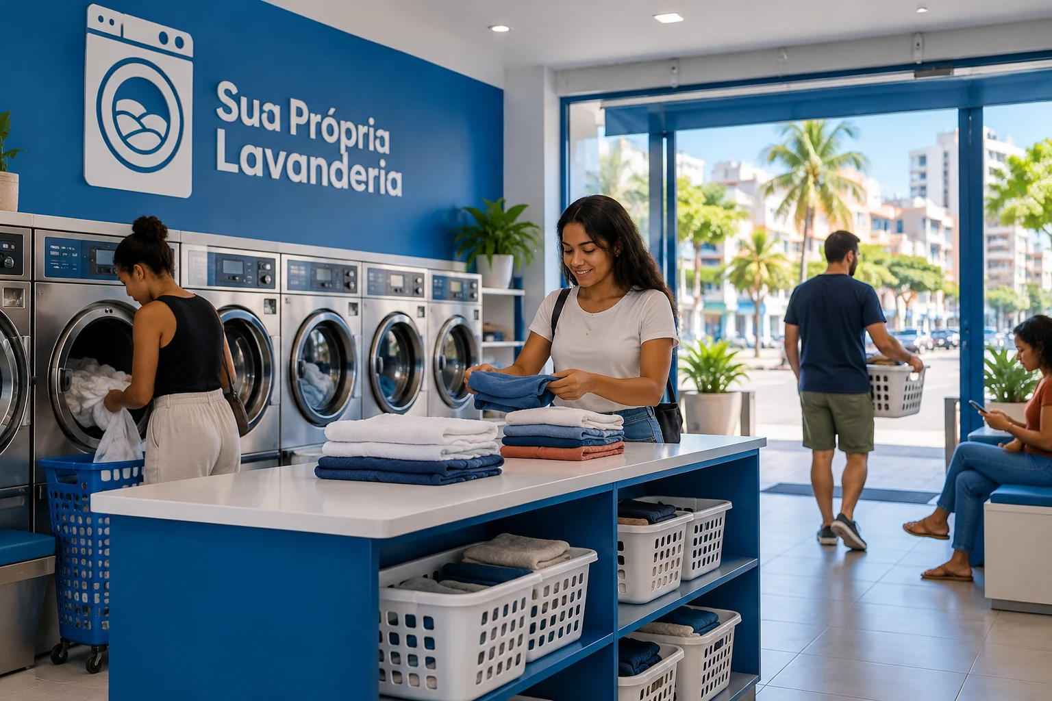 Ilustração de lavanderia self-service pronta, com clientes lavando e dobrando roupas, marca Sua Própria Lavanderia e ambiente azul e branco.
