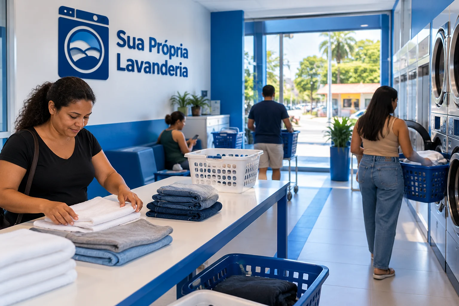 Ilustração de lavanderia self-service pronta, com clientes usando máquinas e dobrando roupas, logo Sua Própria Lavanderia e decoração azul e branca.