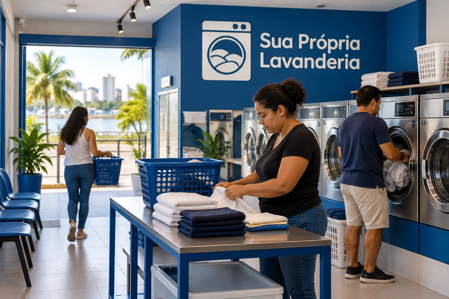 Ilustração de lavanderia self-service pronta e em uso, com clientes, logo Sua Própria Lavanderia e decoração azul e branca.