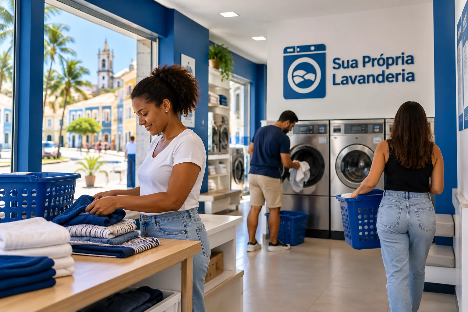 Ilustração de lavanderia self-service azul e branca, com clientes usando máquinas e dobrando roupas e marca Sua Própria Lavanderia na parede.