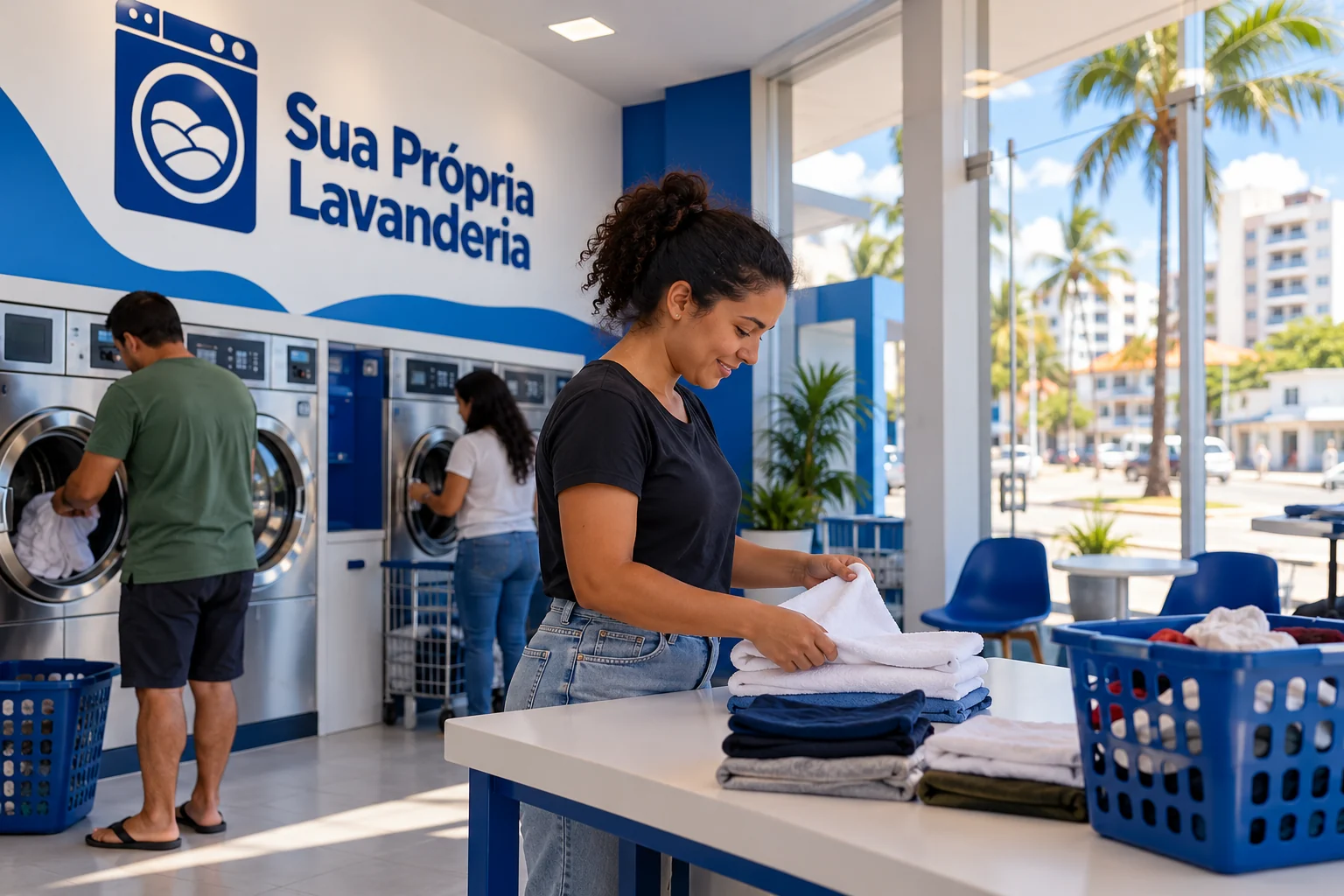 Ilustração de lavanderia self-service azul e branca, com clientes usando máquinas e dobrando roupas e marca Sua Própria Lavanderia na parede.
