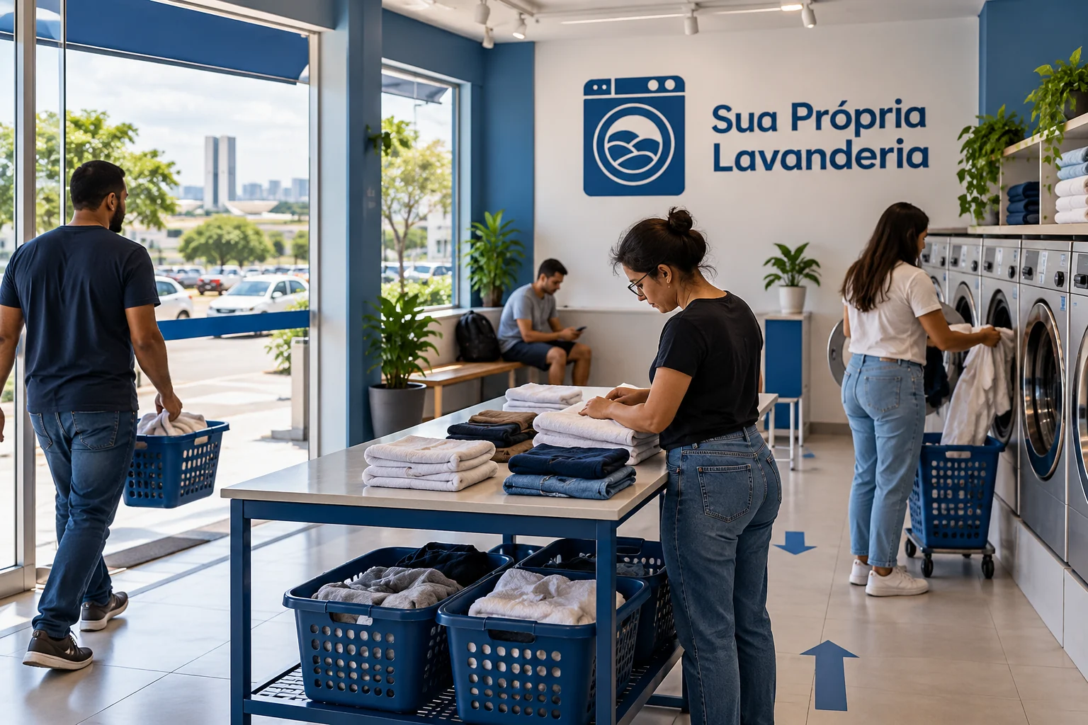Ilustração de lavanderia self-service azul e branca, com clientes usando máquinas e dobrando roupas e marca Sua Própria Lavanderia na parede.