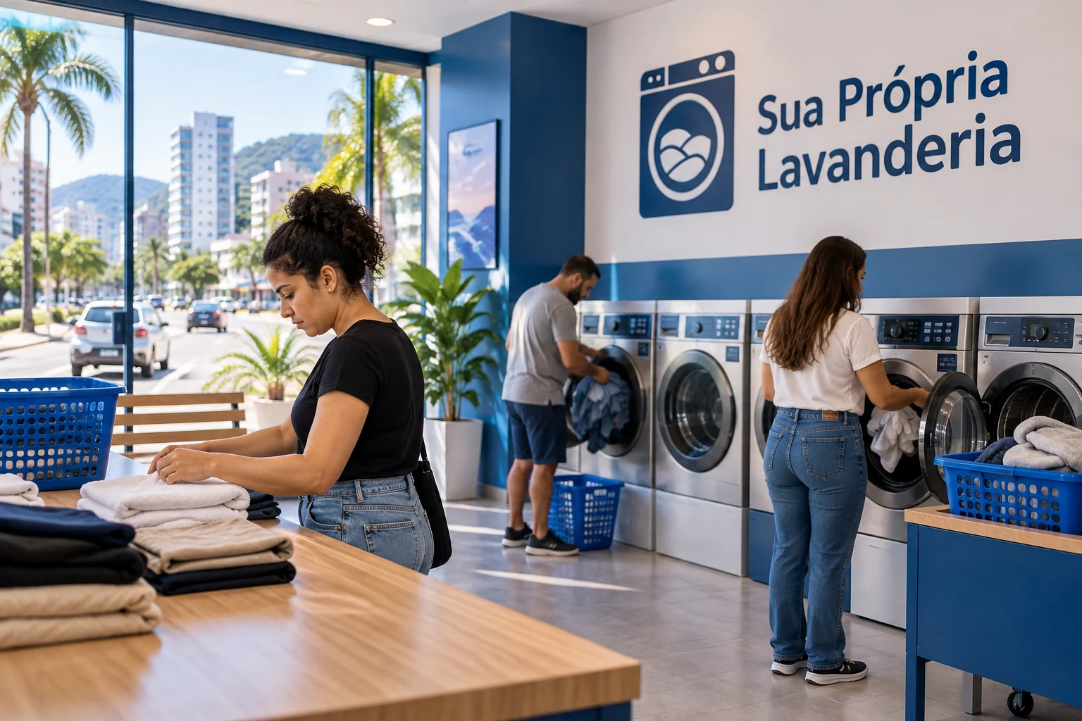 Lavanderia self-service em funcionamento, com lavadoras e secadoras alinhadas em ambiente limpo e paleta azul e branca; ilustração, não unidade real.
