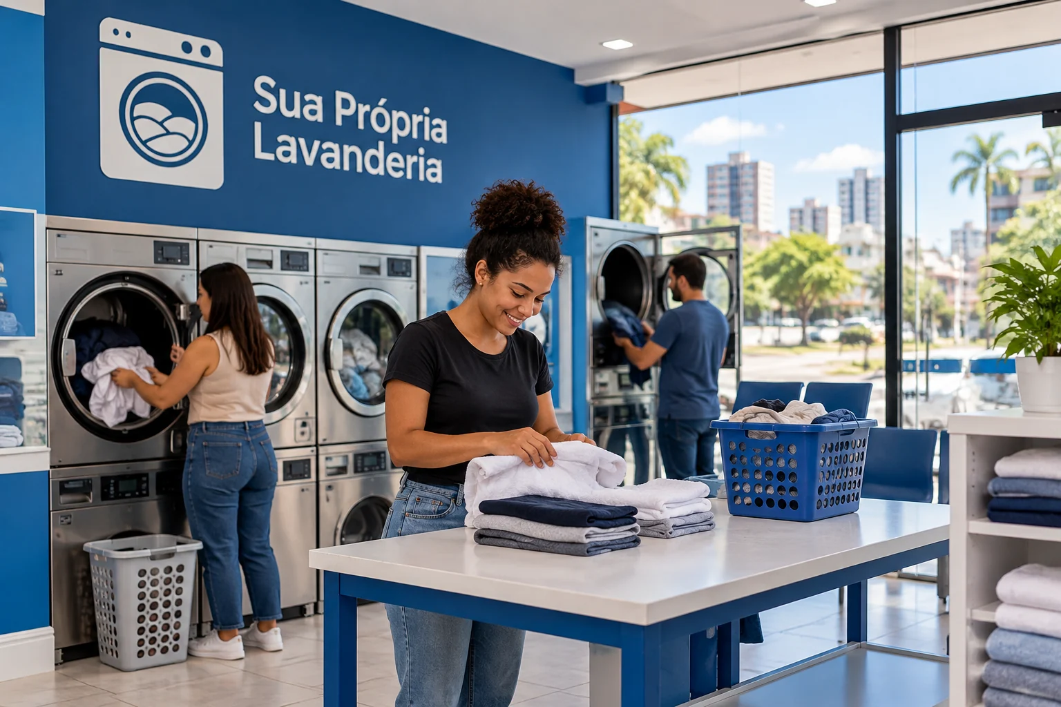 Lavanderia self-service pronta e em uso, ilustrada em composição editorial sobre abertura de negócio em Goiás