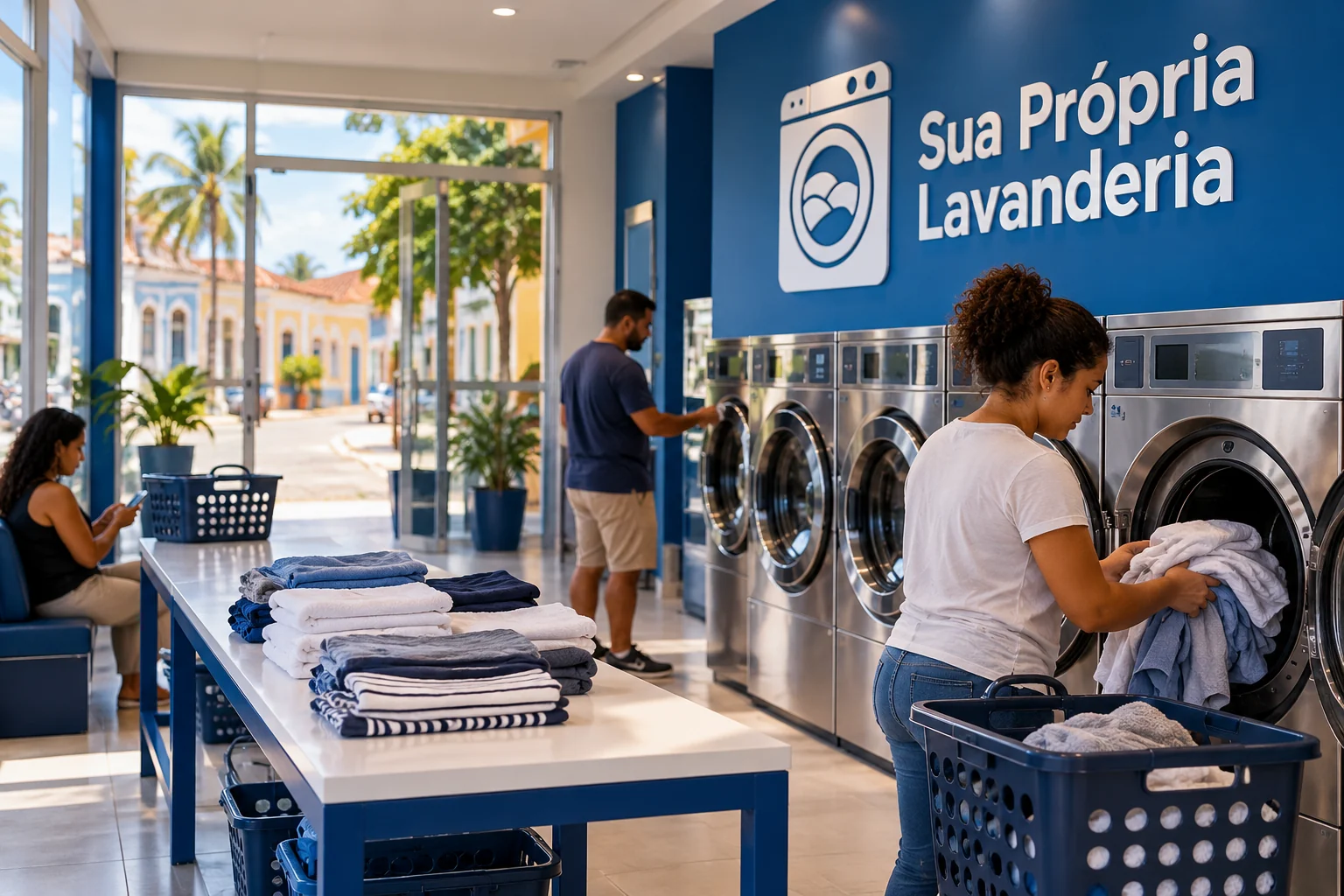 Lavanderia self-service pronta e em funcionamento, em ambiente organizado com identidade visual azul e branca.