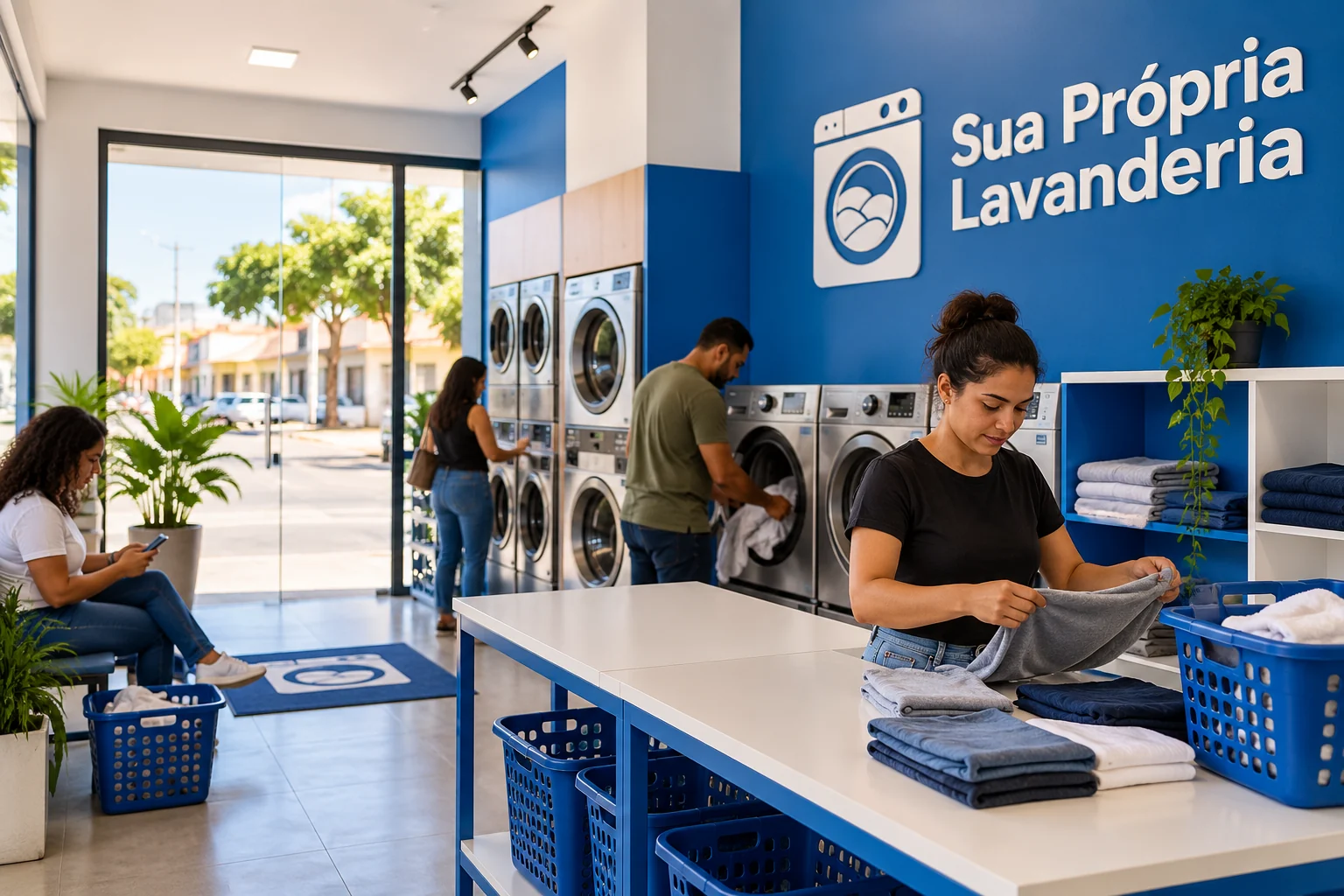 Lavanderia self-service equipada em imóvel comercial pronto para receber clientes.
