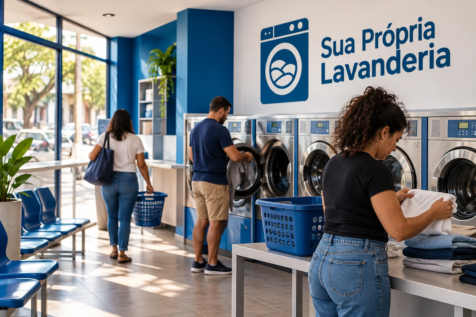 Lavanderia self-service em operação em imóvel comercial, com equipamentos e fluxo organizado.