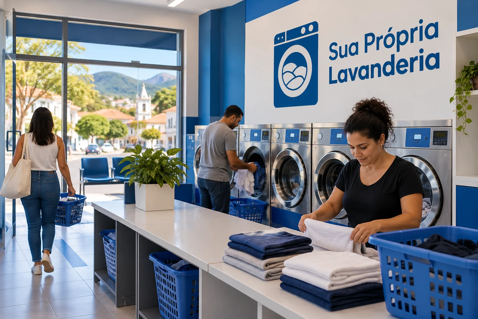 Ilustração de lavanderia self-service pronta e em uso, com pessoas lavando e dobrando roupas, máquinas genéricas e marca Sua Própria Lavanderia em azul e branco.