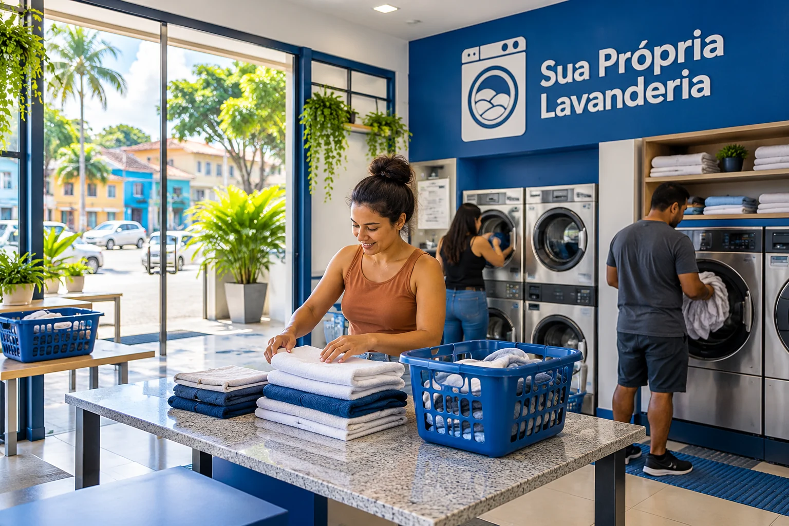 Lavanderia self-service preparada para clientes em área urbana.