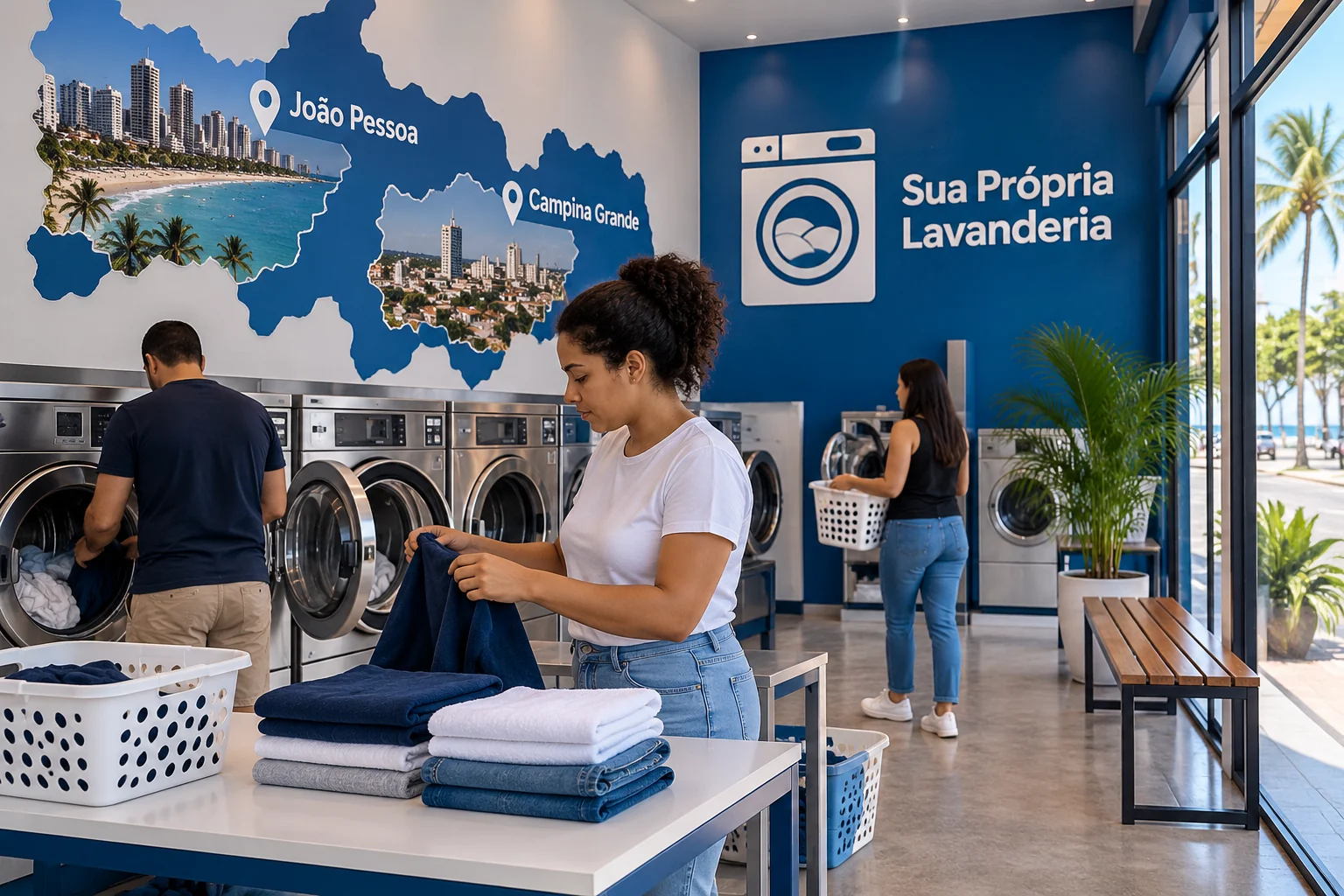 Lavanderia self-service em espaço comercial com lavadoras e secadoras prontas para operação.
