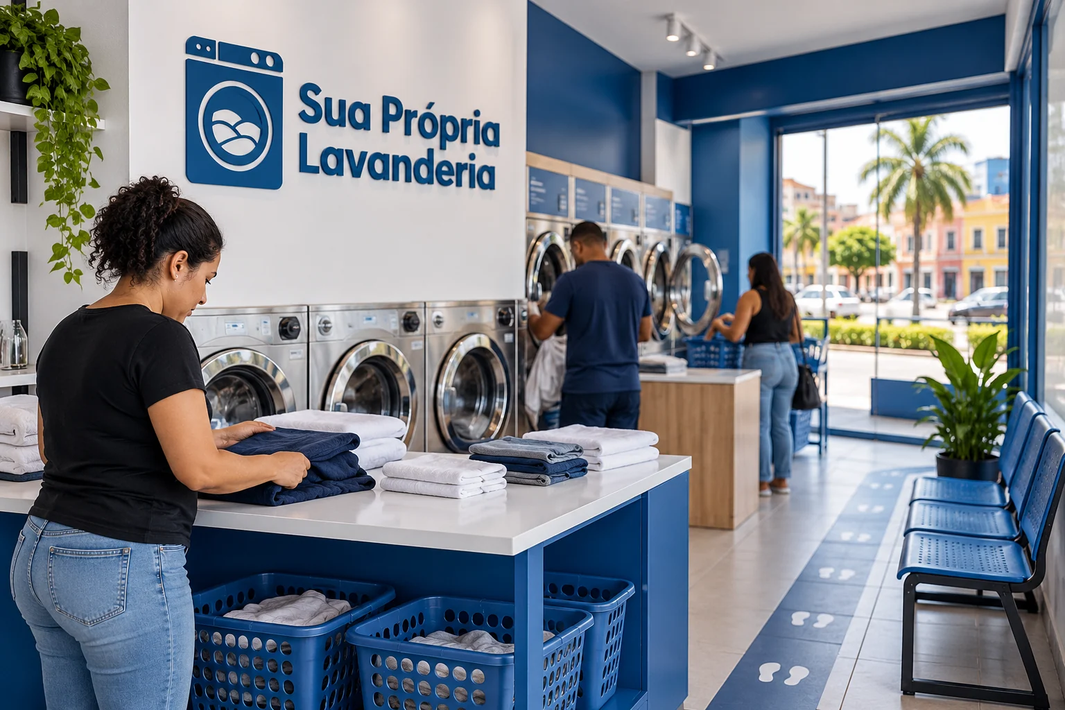 Lavanderia self-service em espaço comercial com máquinas e área de circulação.