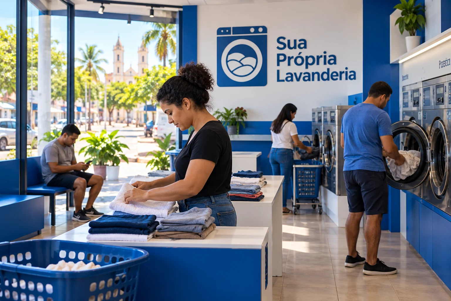Ilustração gerada por IA de lavanderia azul e branca, com pessoas dobrando roupas e usando máquinas genéricas.