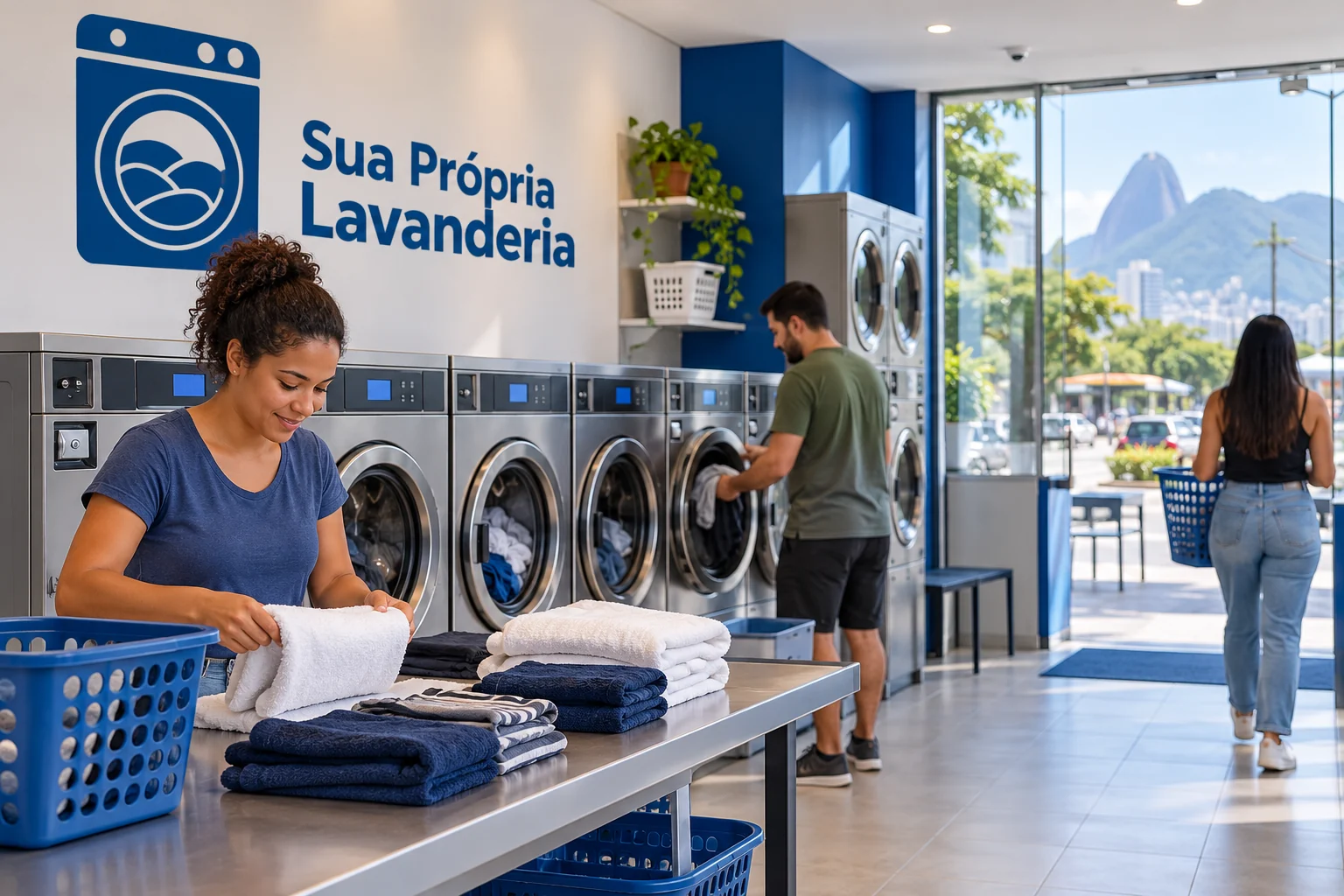 Lavanderia self-service organizada em ponto comercial urbano, com equipamentos prontos para uso.