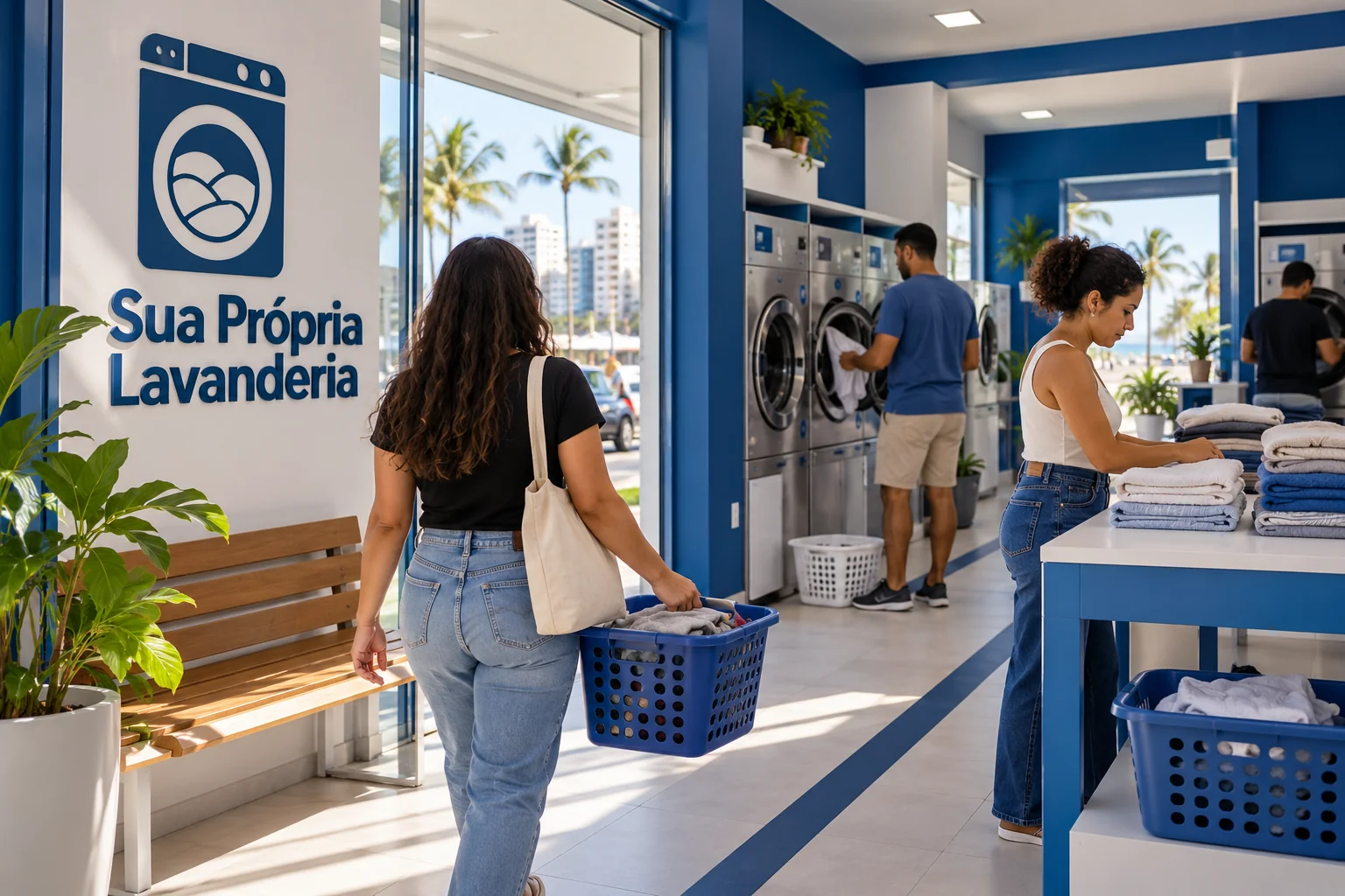 Lavanderia self-service em um espaço comercial com lavadoras, secadoras e área de circulação.