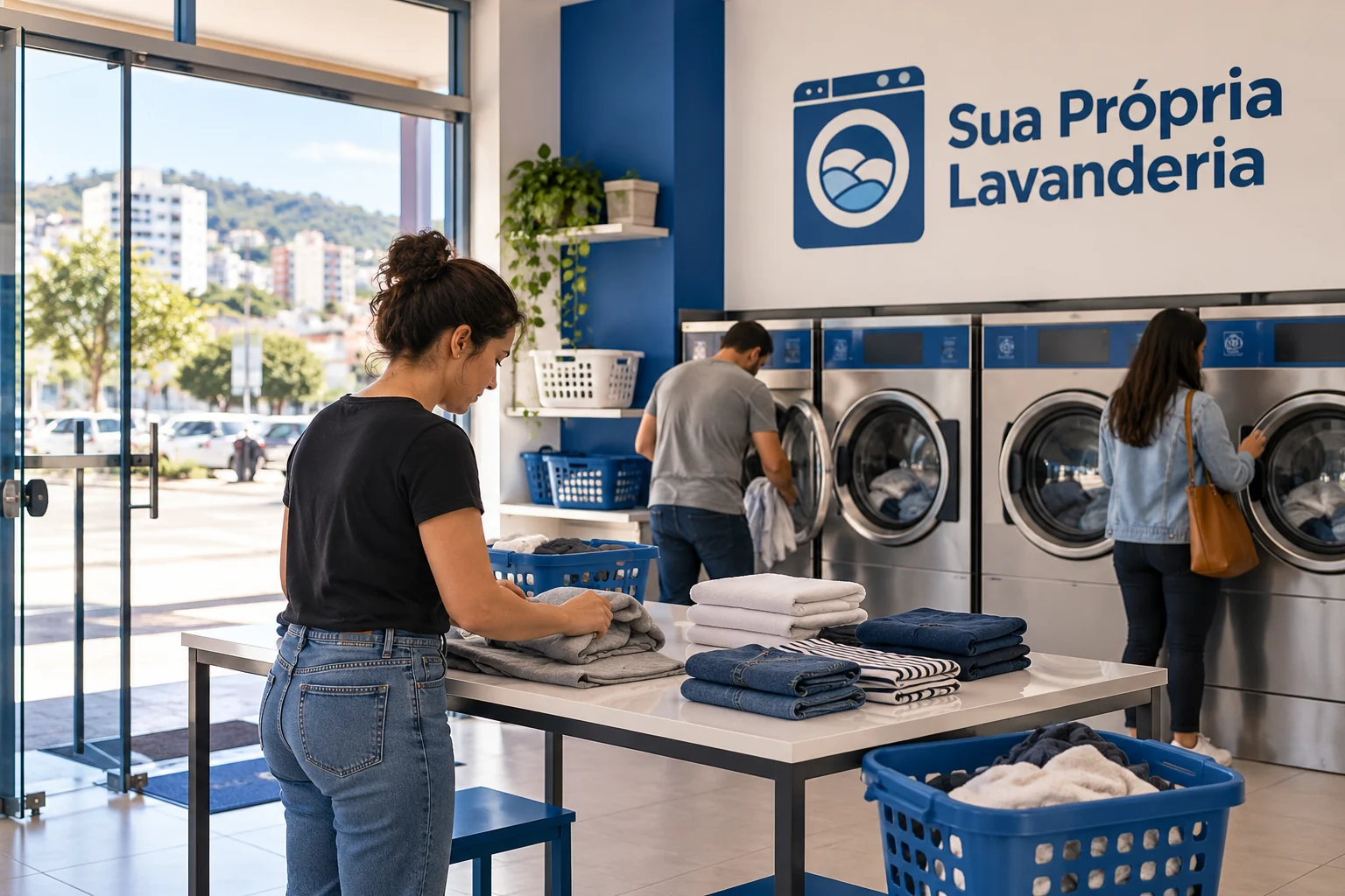 Lavanderia self-service organizada em imóvel comercial, com máquinas prontas para uso.