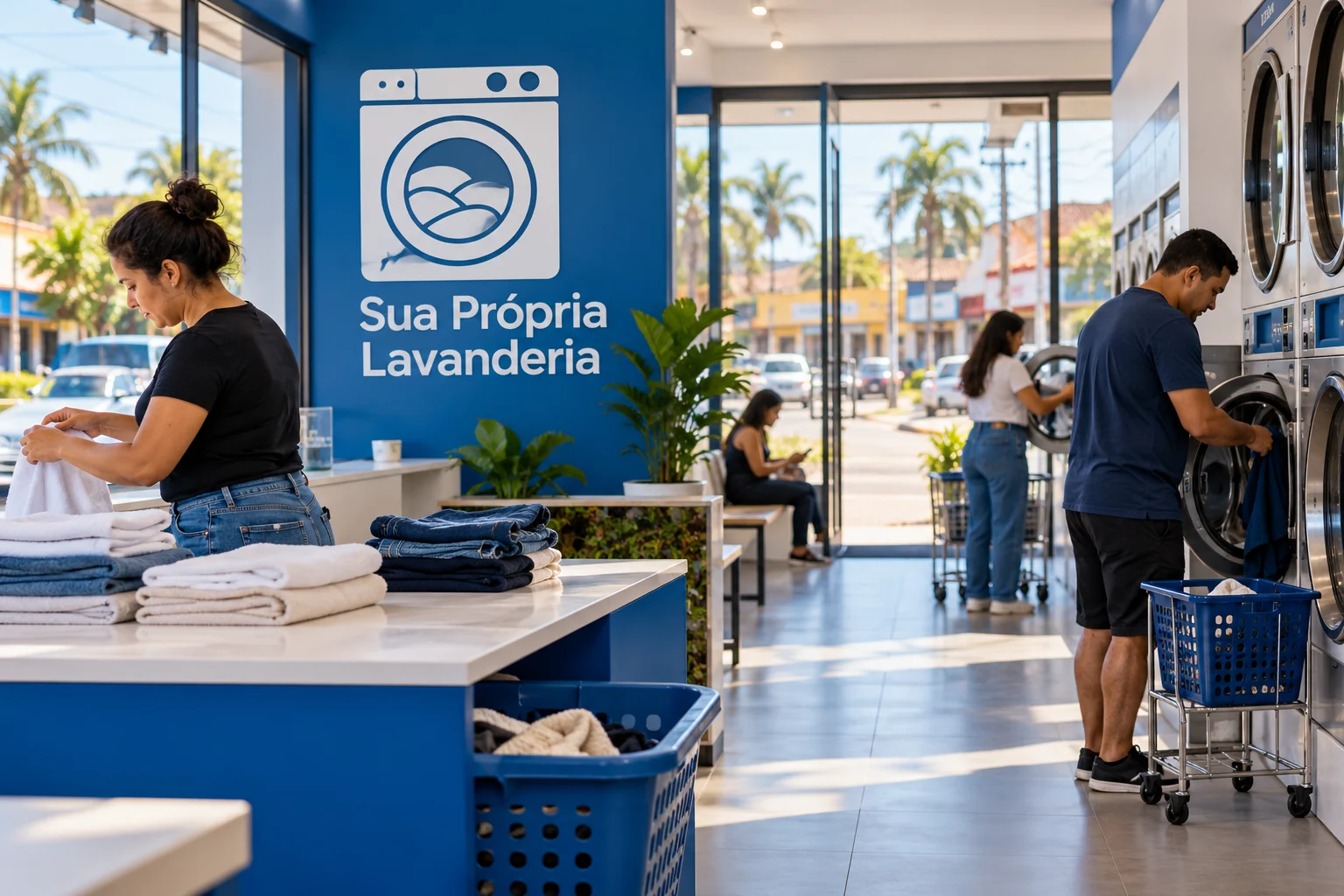 Lavanderia self-service em operação, com máquinas e área de circulação para clientes.