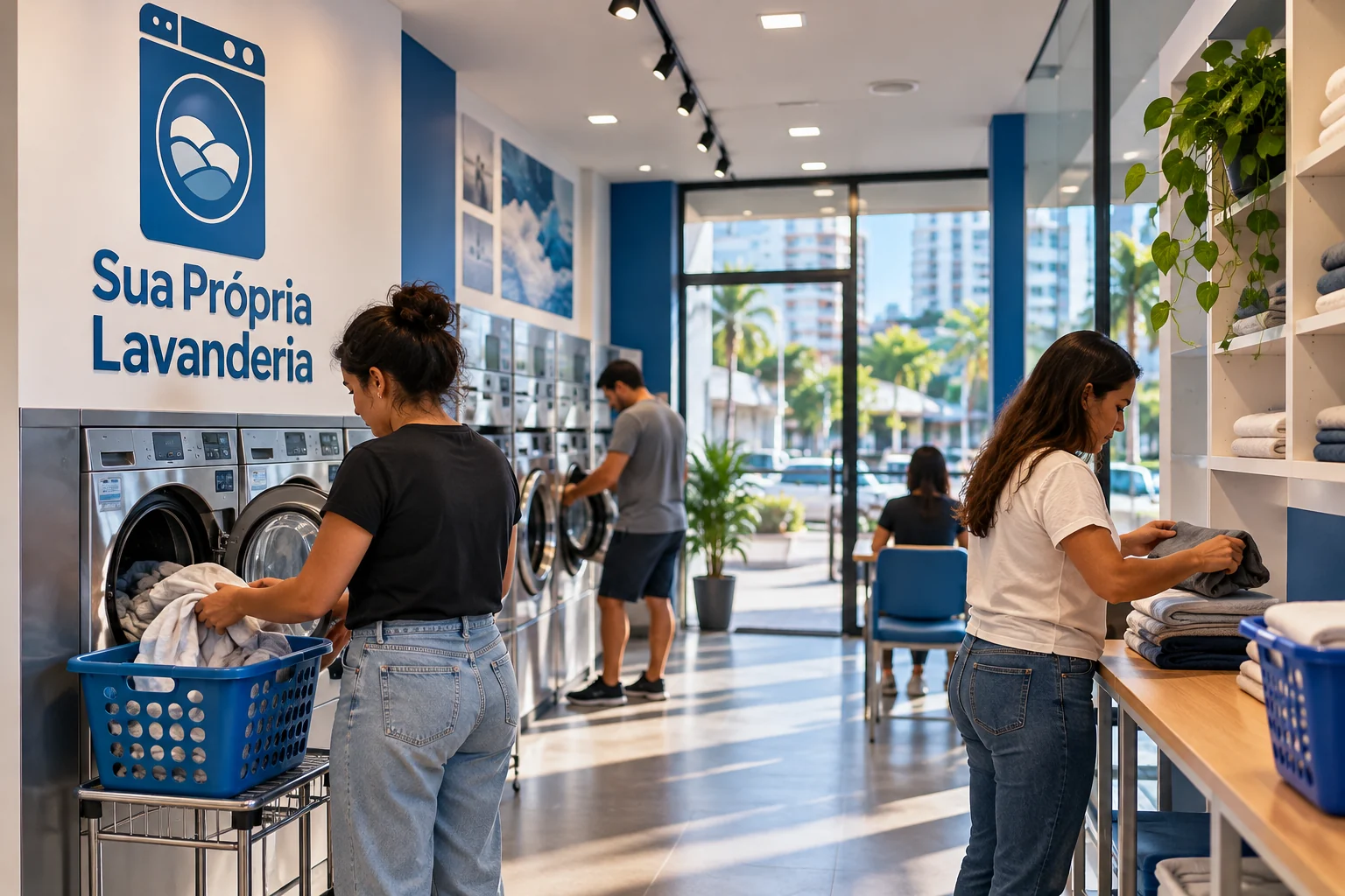Lavanderia self-service pronta e em uso, com máquinas alinhadas e clientes utilizando o espaço; cena identificada como ilustração.