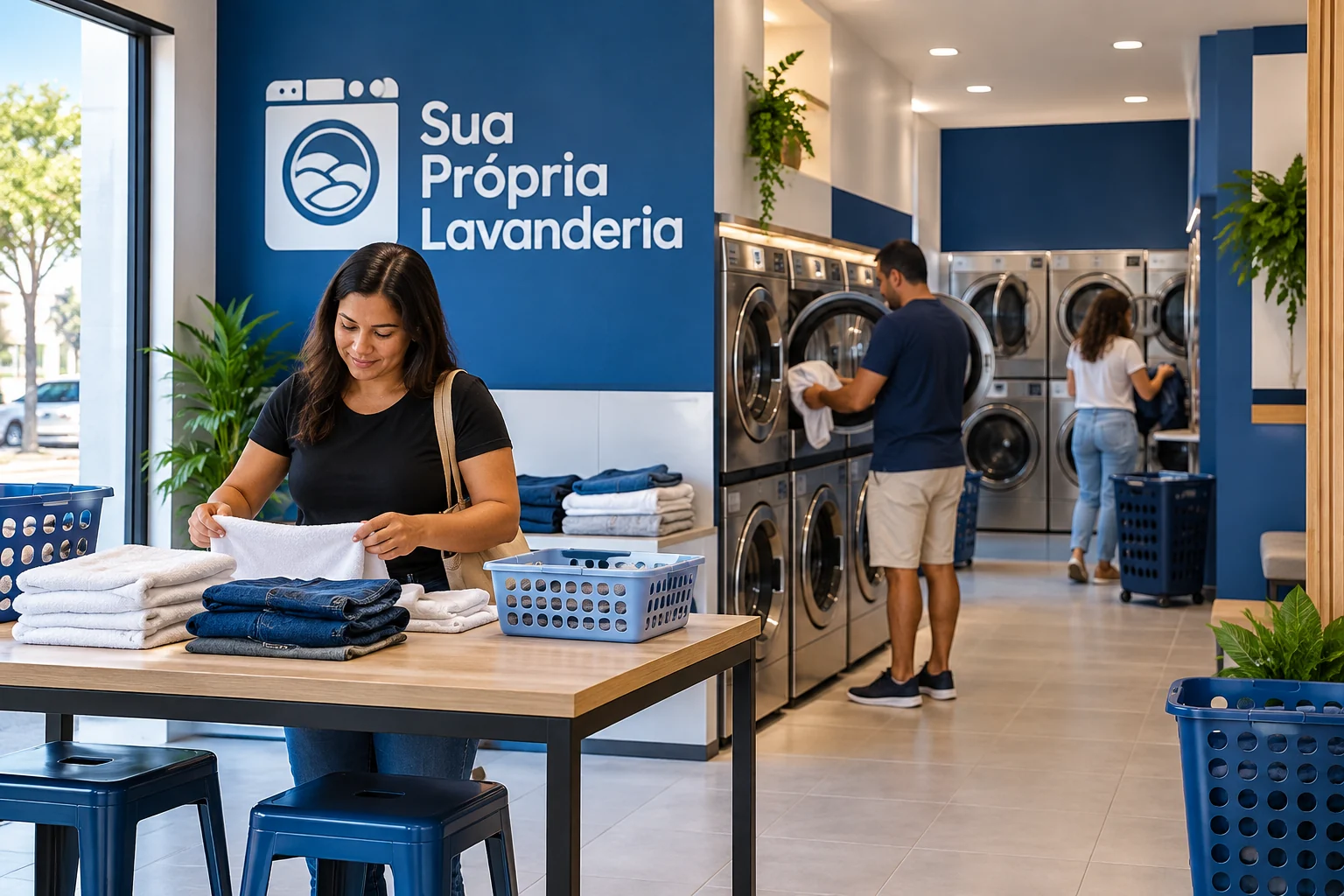 Imagem ilustrativa de uma lavanderia self-service relacionada ao guia de Patos de Minas; não representa unidade real.