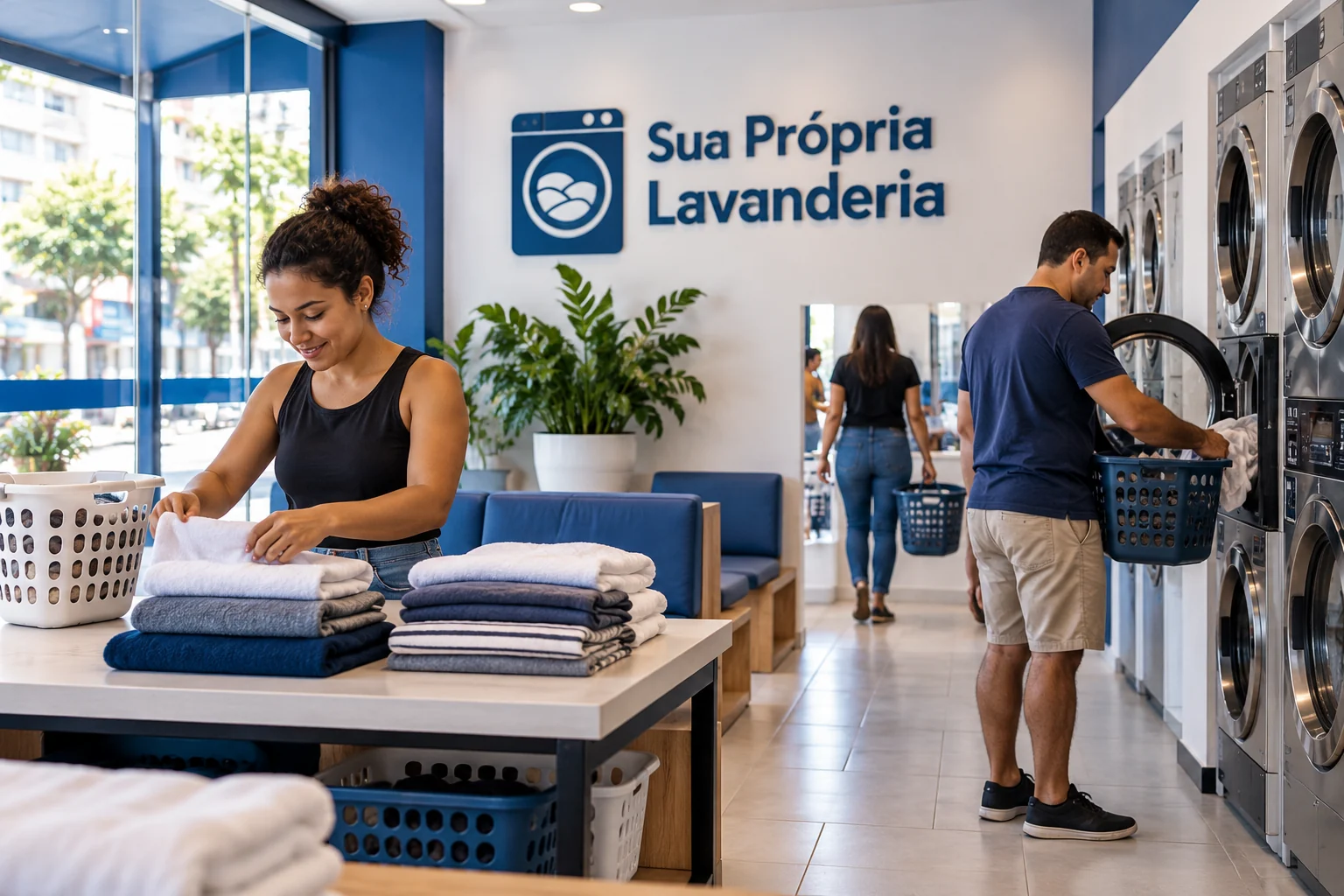 Imagem ilustrativa de uma lavanderia self-service relacionada ao guia de Juiz de Fora; não representa unidade real.