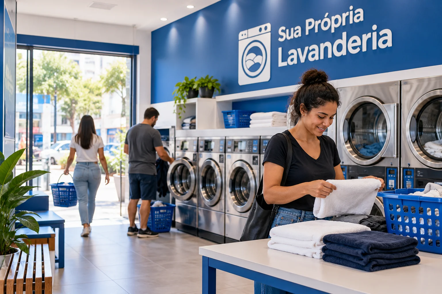 Imagem ilustrativa de uma lavanderia self-service relacionada ao guia de Contagem; não representa unidade real.