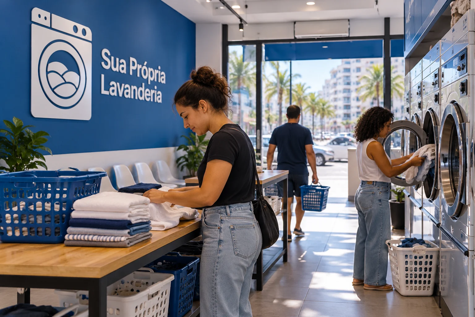 Imagem ilustrativa de uma lavanderia self-service relacionada ao guia de Santos; não representa unidade real.