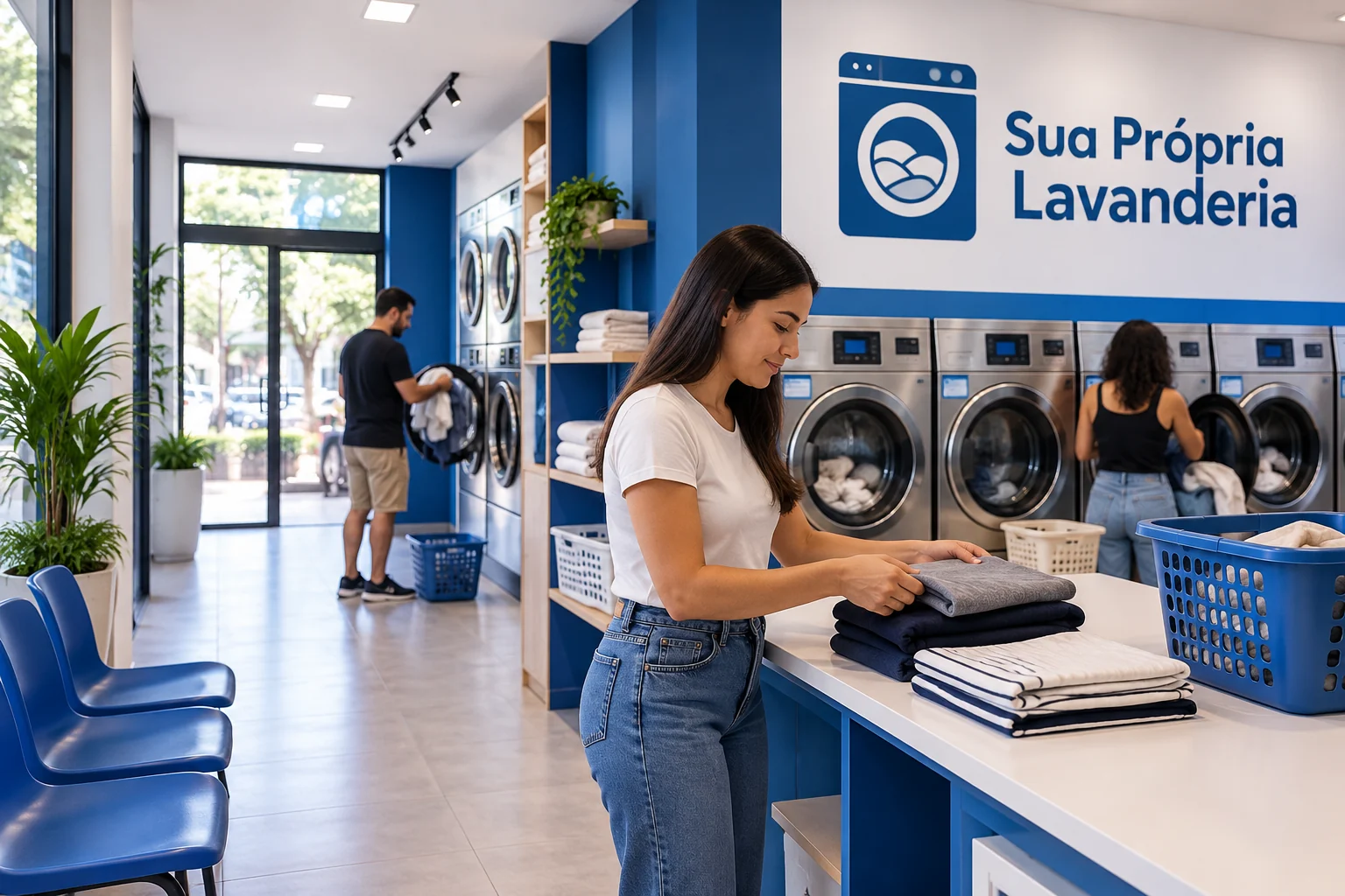 Lavanderia self-service em operação, ilustração editorial sobre planejamento em Blumenau