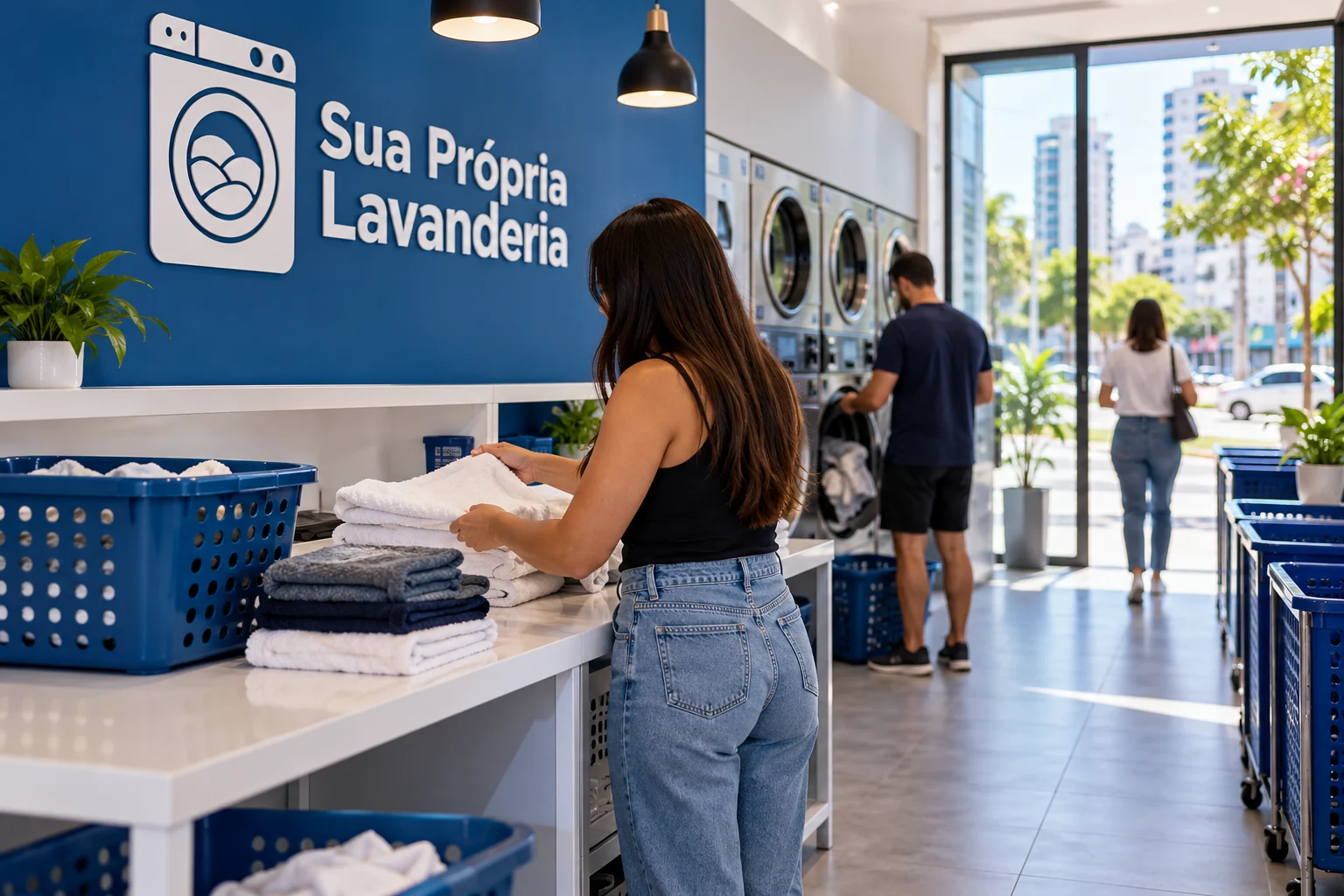 Lavanderia self-service em operação, ilustração editorial sobre planejamento em Itajaí