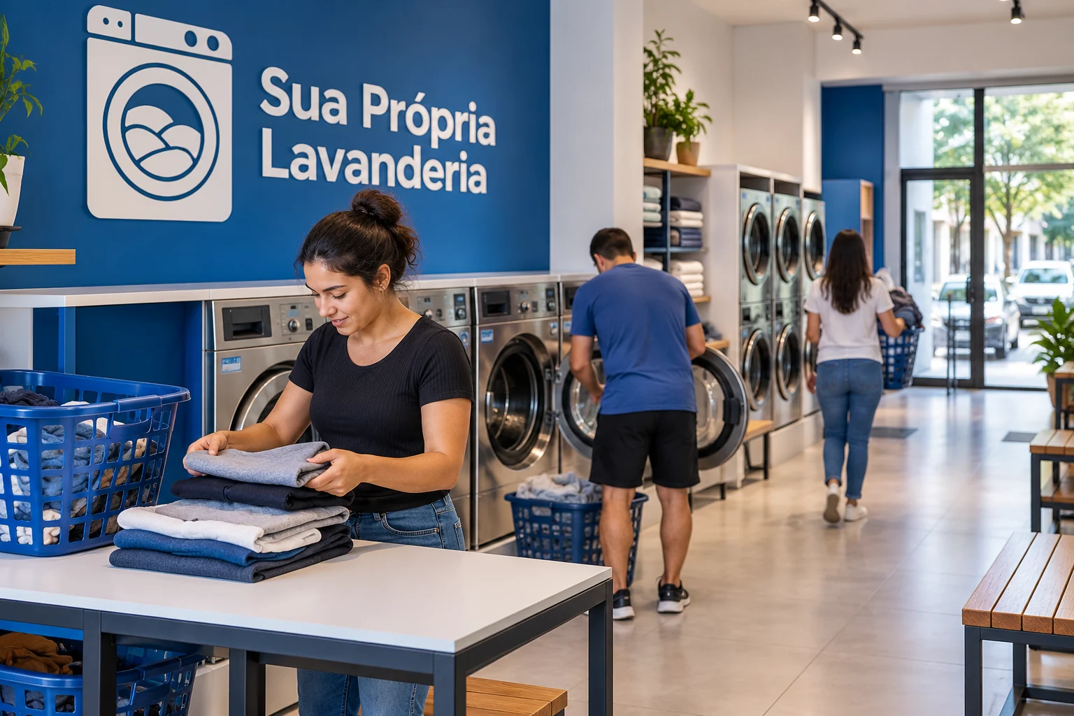 Lavanderia self-service em operação, ilustração editorial sobre planejamento em Canoas