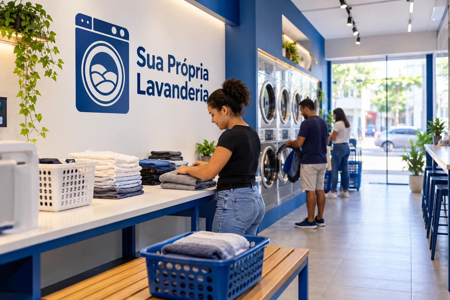 Lavanderia self-service em operação, ilustração editorial sobre planejamento em Feira de Santana
