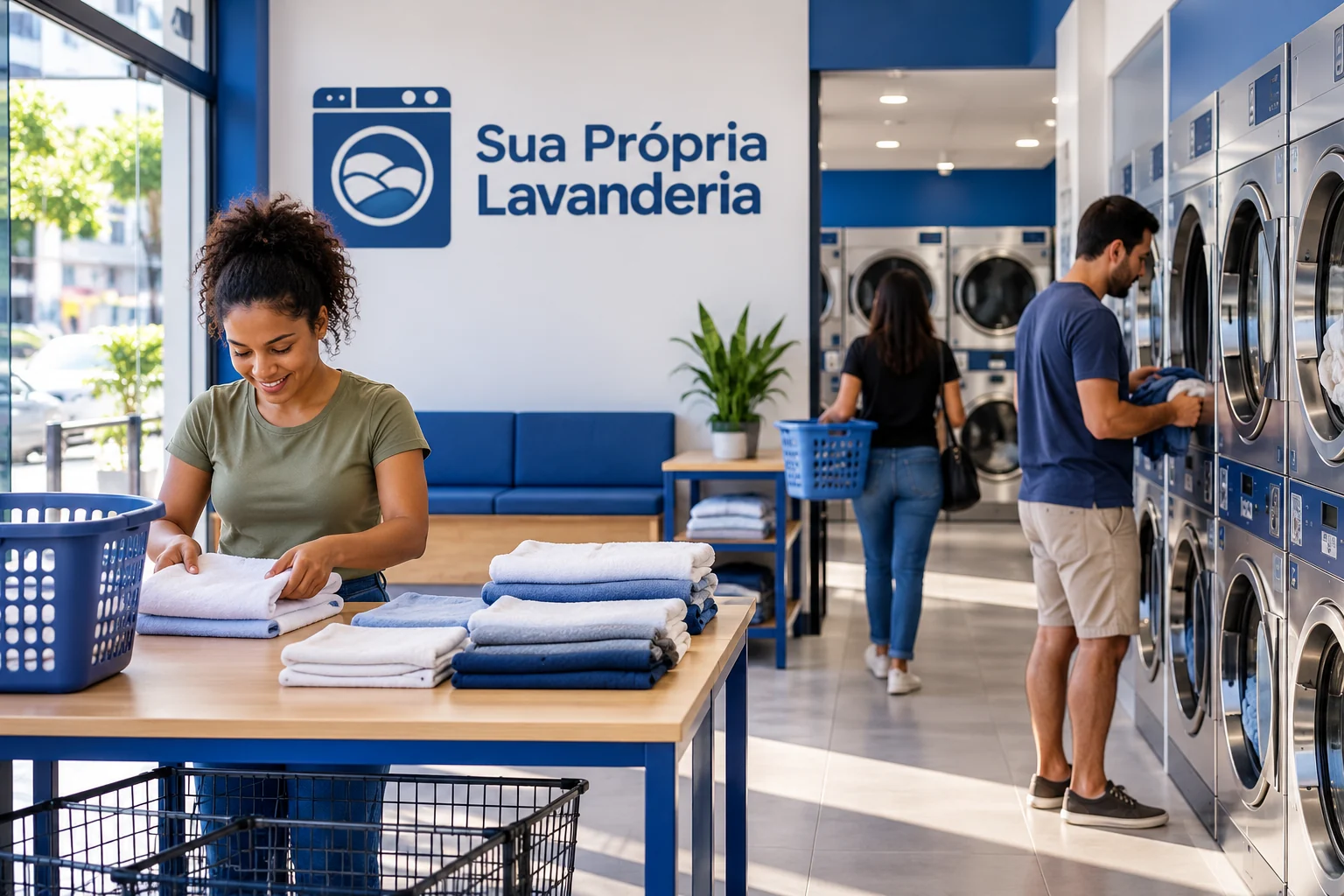 Lavanderia self-service em operação, ilustração editorial sobre planejamento em Vitória da Conquista