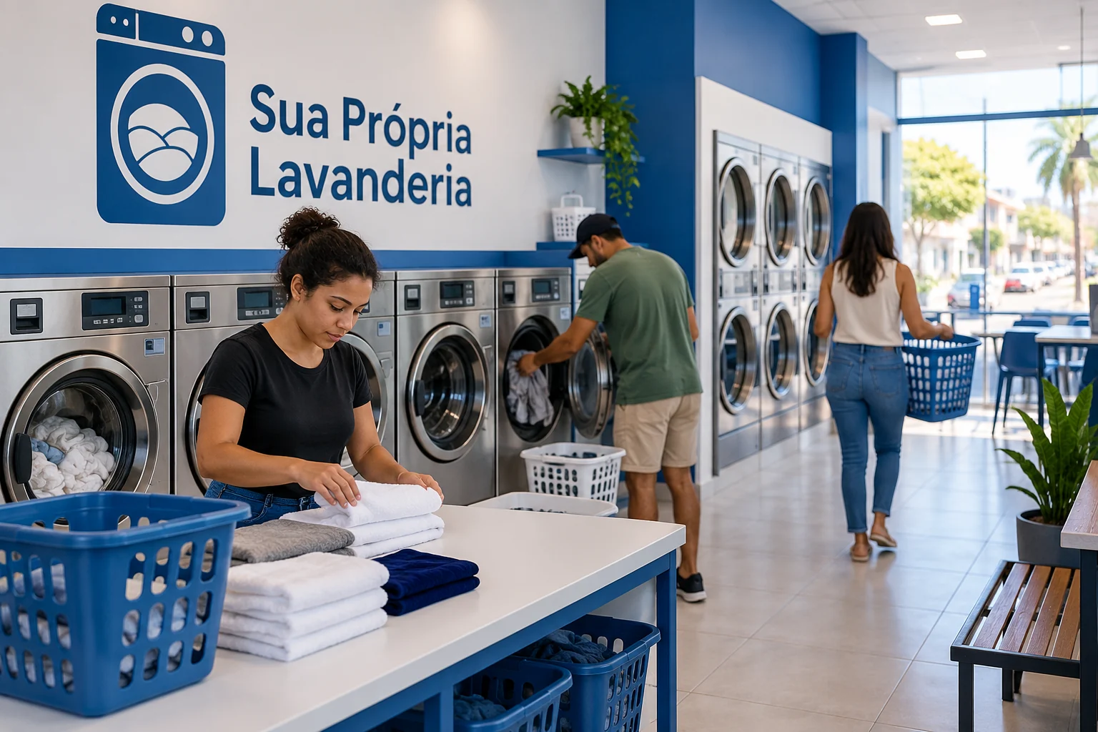 Lavanderia self-service em operação, ilustração editorial sobre planejamento em Petrolina