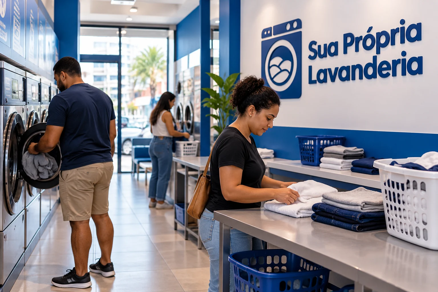 Ilustração editorial de uma lavanderia self-service em contexto urbano, sem identificação de equipamento ou loja específica.