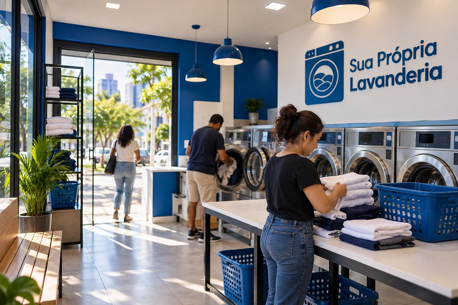 Ilustração editorial de uma lavanderia self-service em contexto urbano de Campina Grande, sem identificar empresa ou modelo de equipamento.