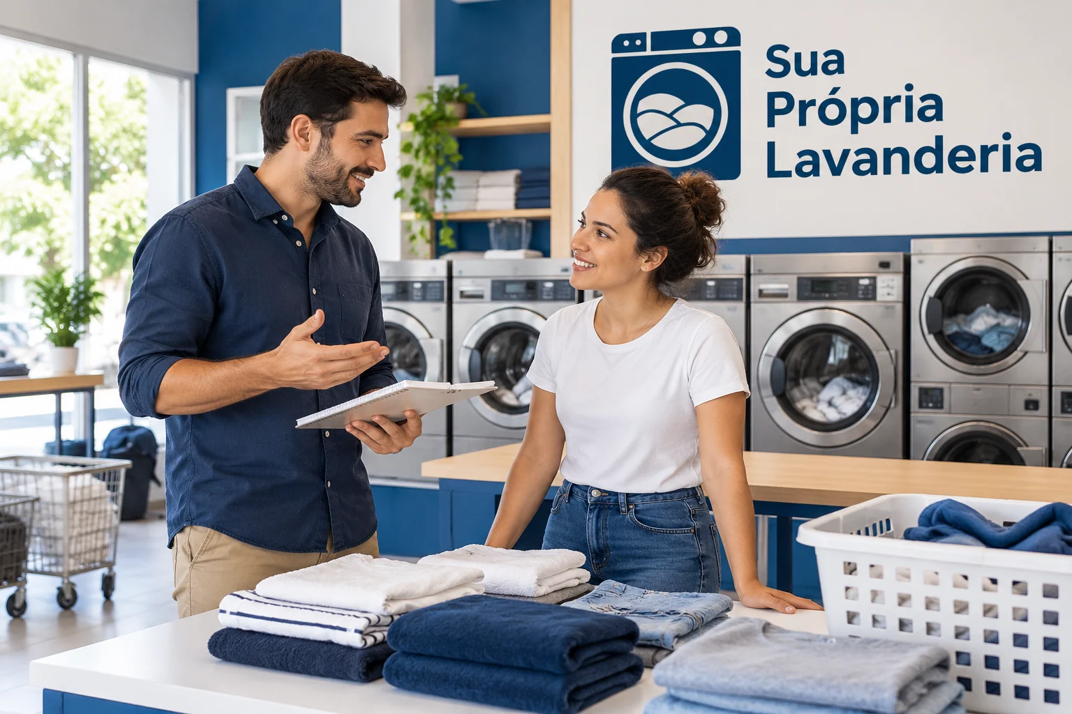 Duas pessoas conversam junto à bancada de uma lavanderia pronta em azul e branco, com logo Sua Própria Lavanderia.